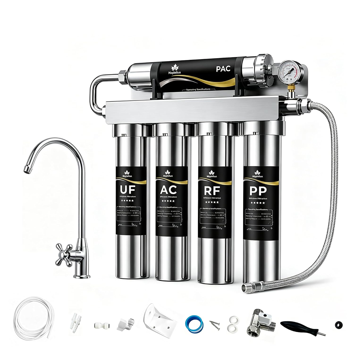 MapleRun 0.01μm Ultra Filtration Under Sink Water Filtration System, 304 Stainless Steel Water Purifier, High Flow Drinking Water Filter for Kitchen Sink, No Electricity Needed