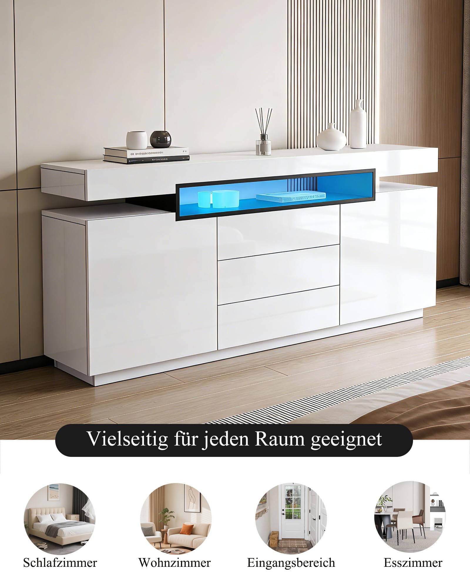 Modernes Weiß Glanz Sideboard, LED Sideboard Aufbewahrungsschrank, 160 x 35 x 72 cm, Wohnzimmer, 2 Türen, 3 Schubladen, TV-Einheit
