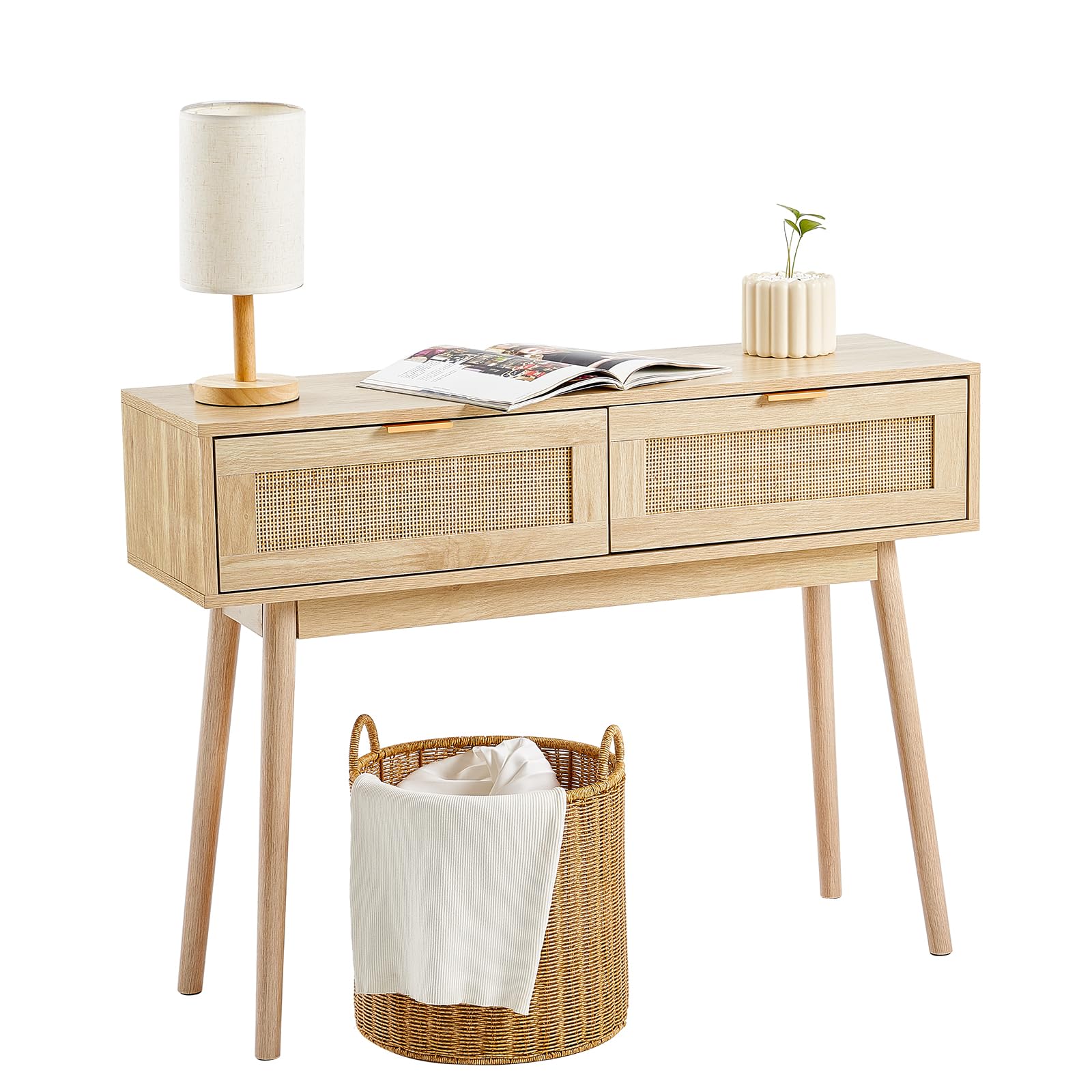 VEVOR Mesa Consola de Ratán con 2 Cajones de Almacenamiento, Mesa de Entrada de Ratán con Puerta Corrediza de Ratán Natural, Mesa Consola para Sala de Estar, Entrada o Pared de TV, Color Madera