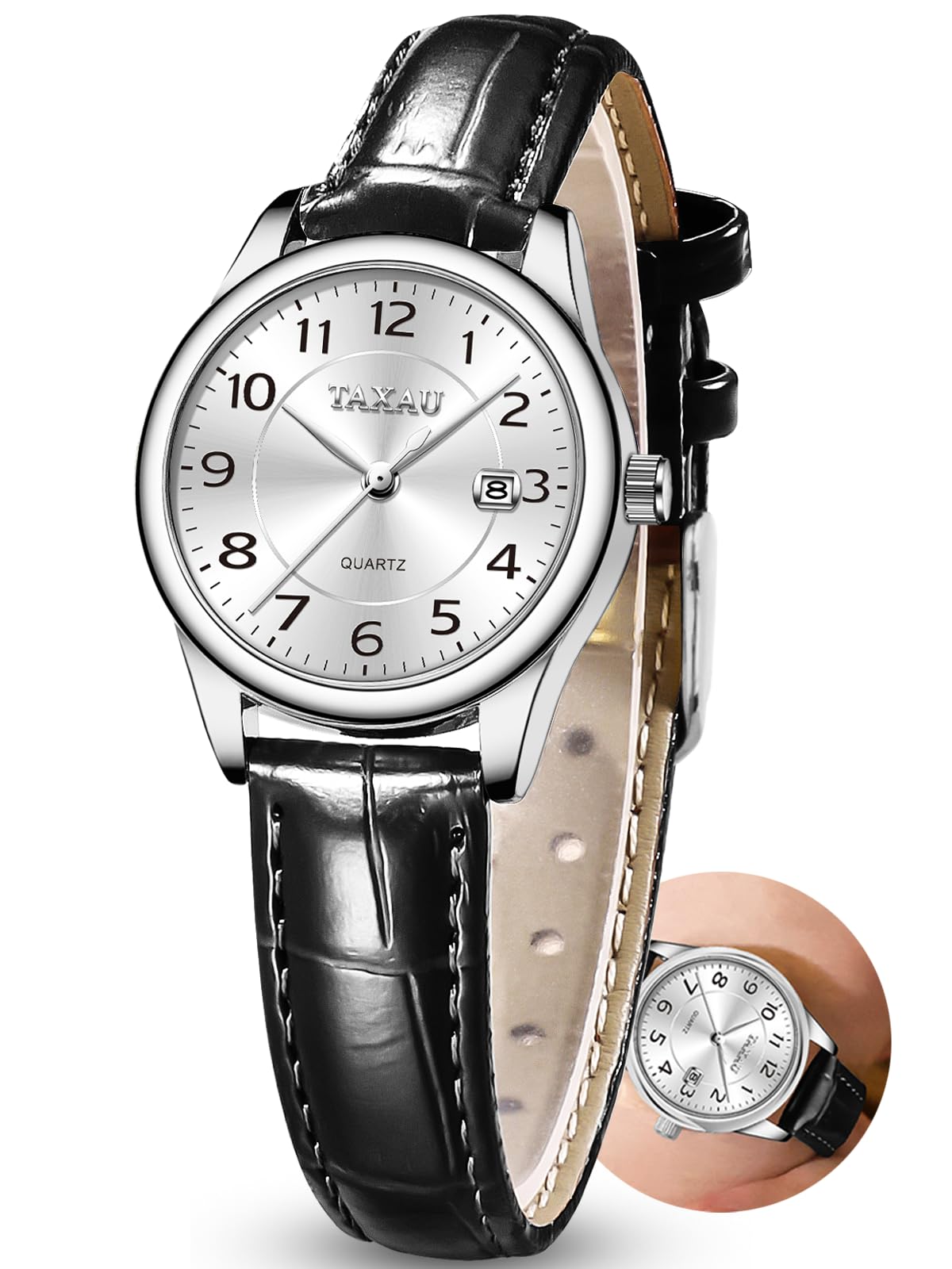 Taxau Damenuhr Lederarmband Analog Quarz–Elegante Armbanduhr Damen mit Datumsanzeige, Kleine 28mm Damen Uhr, 3Bar Wasserdicht,Klassisches Design Geschenke für Frauen