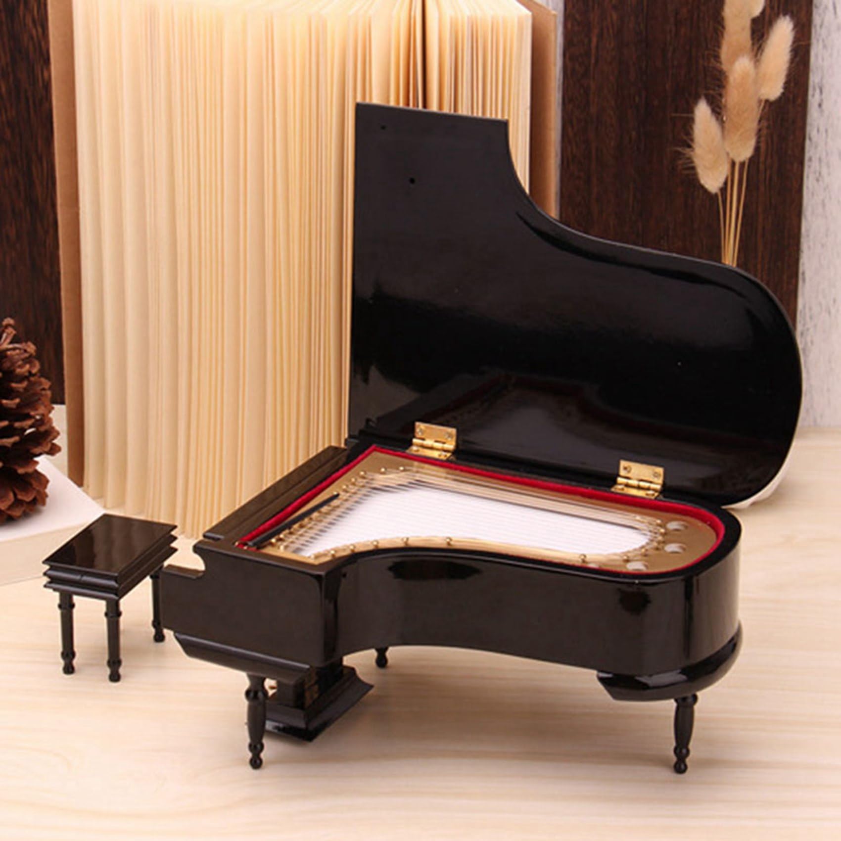Kit de Modèle de Piano À Queue Miniature Instrument de Musique avec Chaise, pour la DéCoration de Bureau À Domicile (Noir, sans Musique)