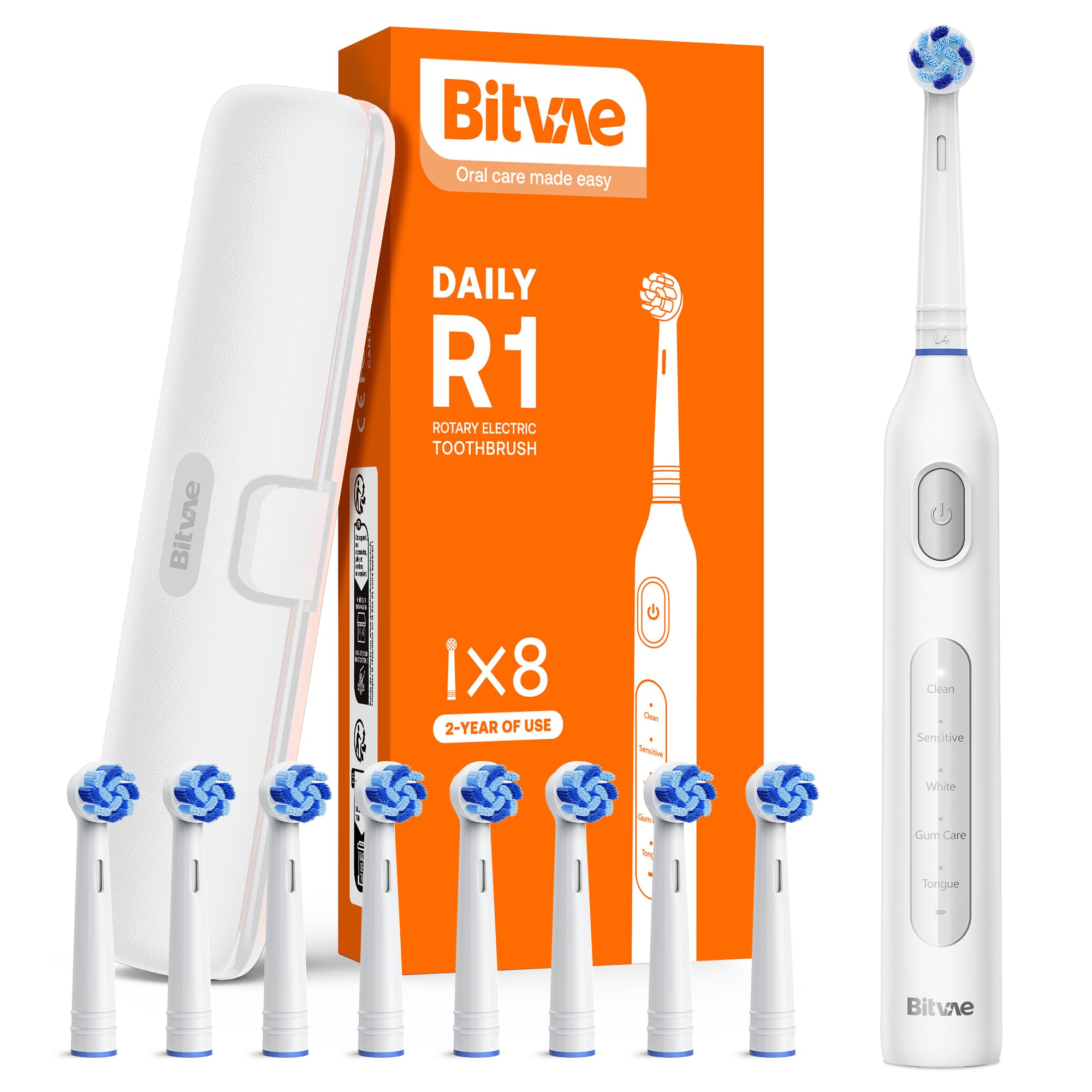 Bitvae Rotating Electric Toothbrush with 8 Brush Heads for Adults and Kids, Travel Case, 5 Modes Rechargeable Power Toothbrush with 2-Minute Smart Timer, 60-Day Battery Life, White