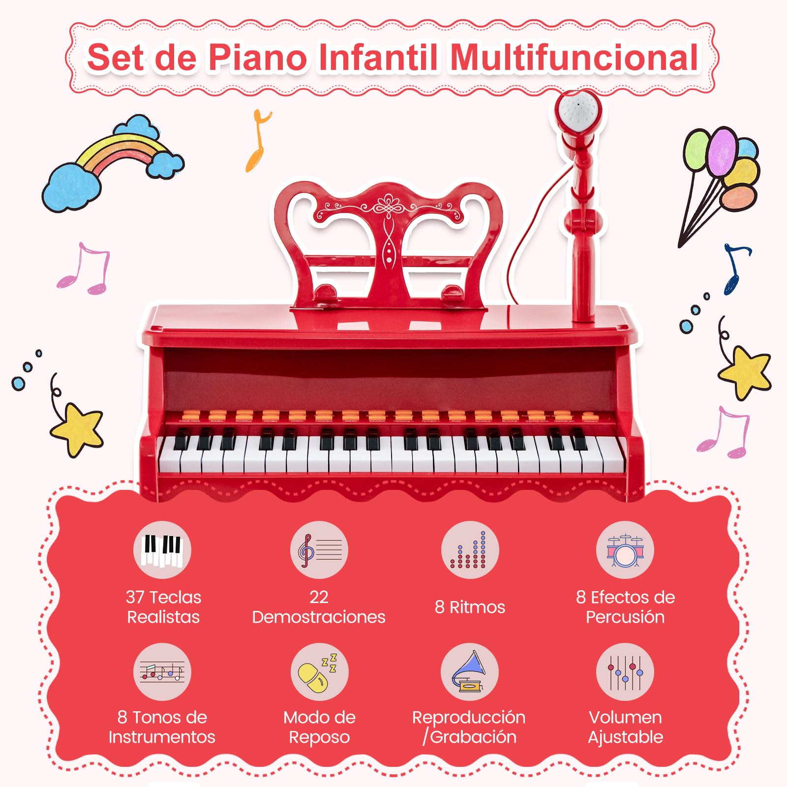 RELAX4LIFE Piano Infantil 37 Teclas con Micrófono Ajustable, Atril Extraíble, Taburete, Funciones de Grabación y Reproducción, 22 Canciones, 8 Ritmos, 8 Instrumentos y MP3 para Niños 3+ Años (Rojo)