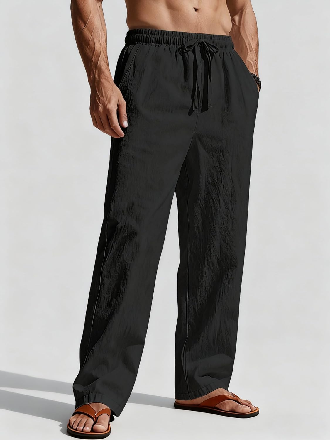 Men's Casual Linen Pants Loose Fit Drawstring Waist Lightweight Men Linen Summer Beach Long Pants Yoga Black - Image 2