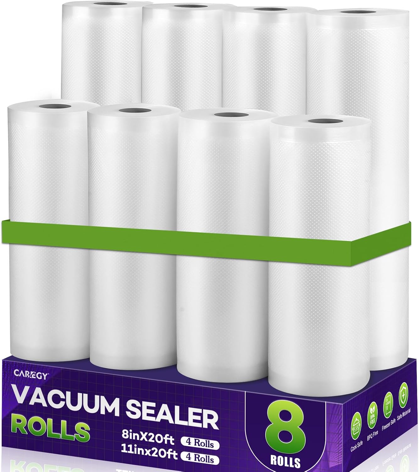 CAREGY Food Vacuum Sealer Rolls Bags 8 Pack 4 Rolls 8'' x 20' and 4 Rolls 11''x 20' Commercial Grade BPA Free Bag Rolls Embossed Food Saver Bags for Meal Prep,Sous Vide Cooking and Food Storage 4 Rolls 8in*20ft + 4 Rolls 11in*20ft