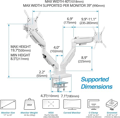 Miniatura 4 de AVLT RGB Lights Dual 17"-43" Gaming Monitor Arm Soporte de escritorio, se adapta a dos pantallas planascurvasultraanchas de hasta 44 libras (44.1