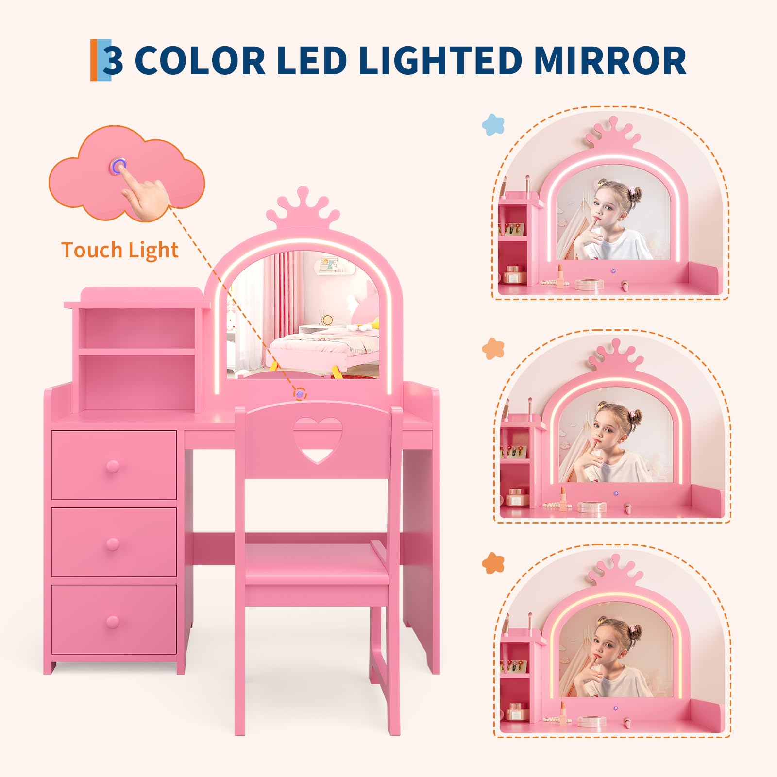 Garvee Kinder Schminktisch mit Stuhl & Spiegel, 3-Farben LED Beleuchtung & Touch-Sensor, Frisiertisch mit 3 Schubladen, 2-in-1 Schreibtisch, Kosmetiktisch Mädchen Krone Holz, Rosa