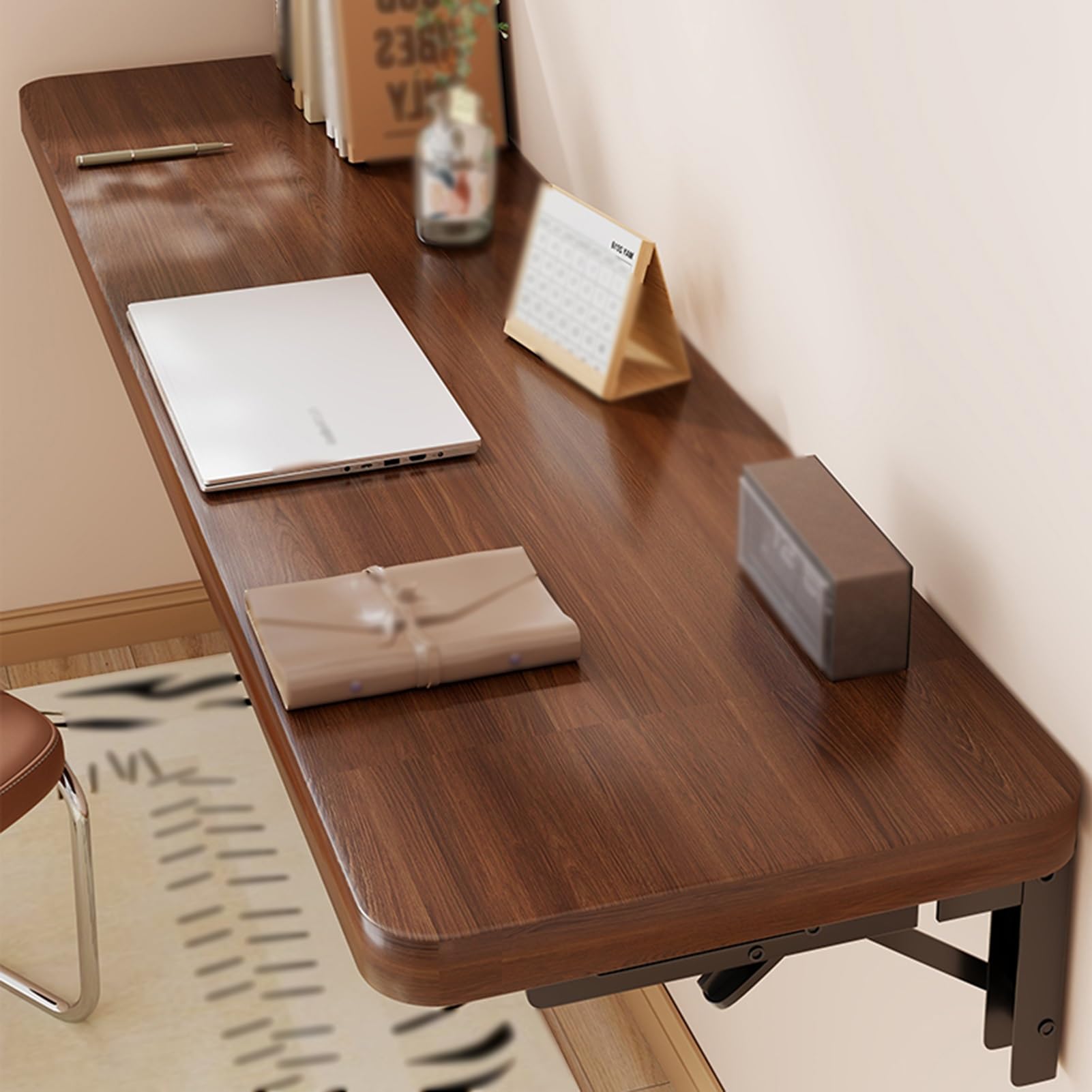 Kompaktowe składane biurko naścienne do laptopa, jadalni, gabinetu i kuchni – wszechstronny stół o wymiarach 100 x 30 cm w wykończeniu orzechowym na balkon, do sypialni i łazienki.