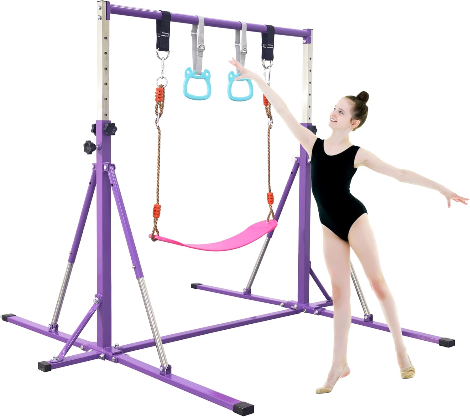 Foldable Gymnastics Bar,5FT Horizontal bar,Adjustable Kids Training bar for Kids Ages 3-15,Kids Gymnastics bar,Triangle Stable Structure-Gym Equipment for Home 5 FT Bar-Swing-Rings Purple