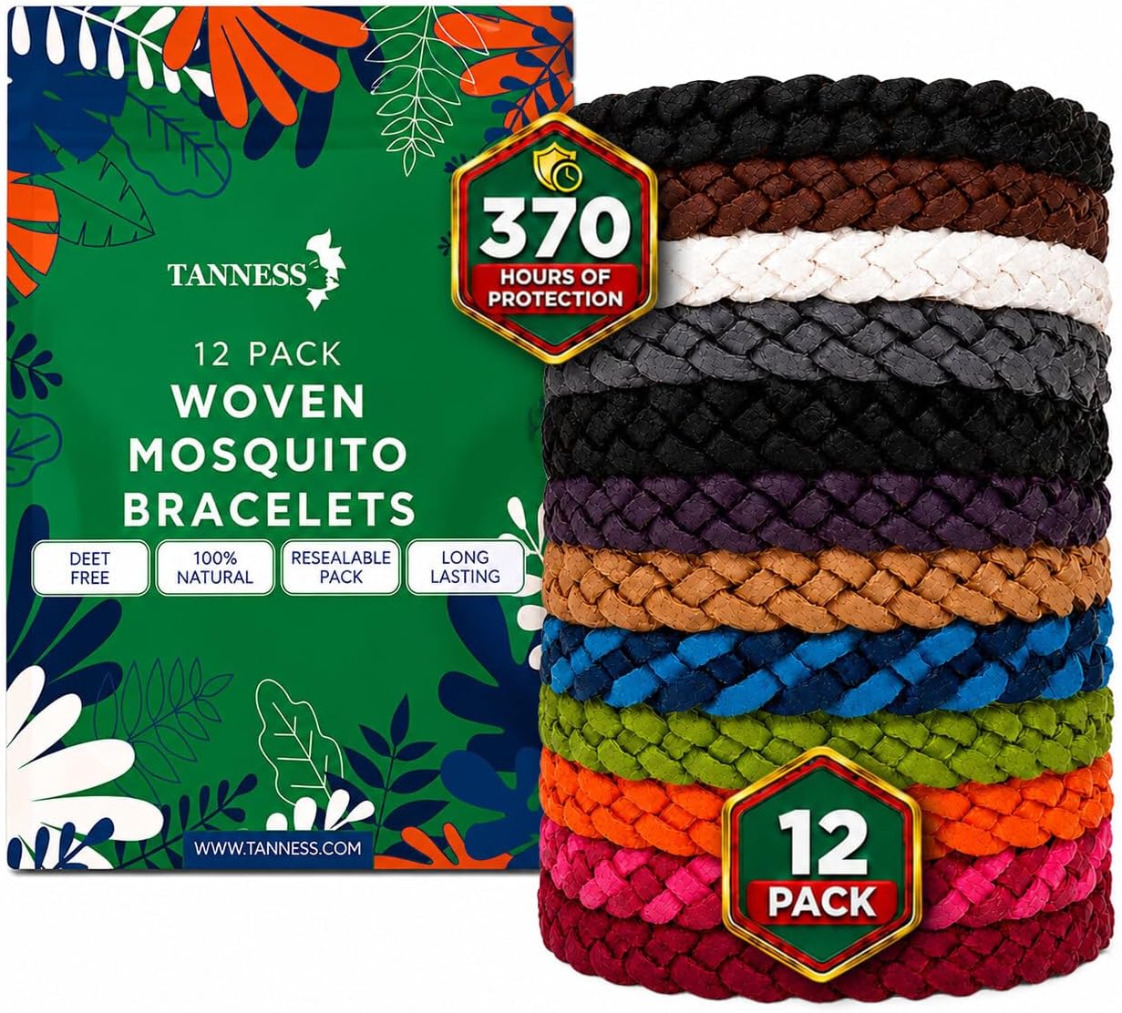 Tanness 12 Pack Mosquito Repellent Bracelet - Long-Lasting Insect & Mosquito Bands, DEET-Free Insect Repellent Bracelet for Kids & Adults, Travel & Holiday Essentials for Outdoor Protection