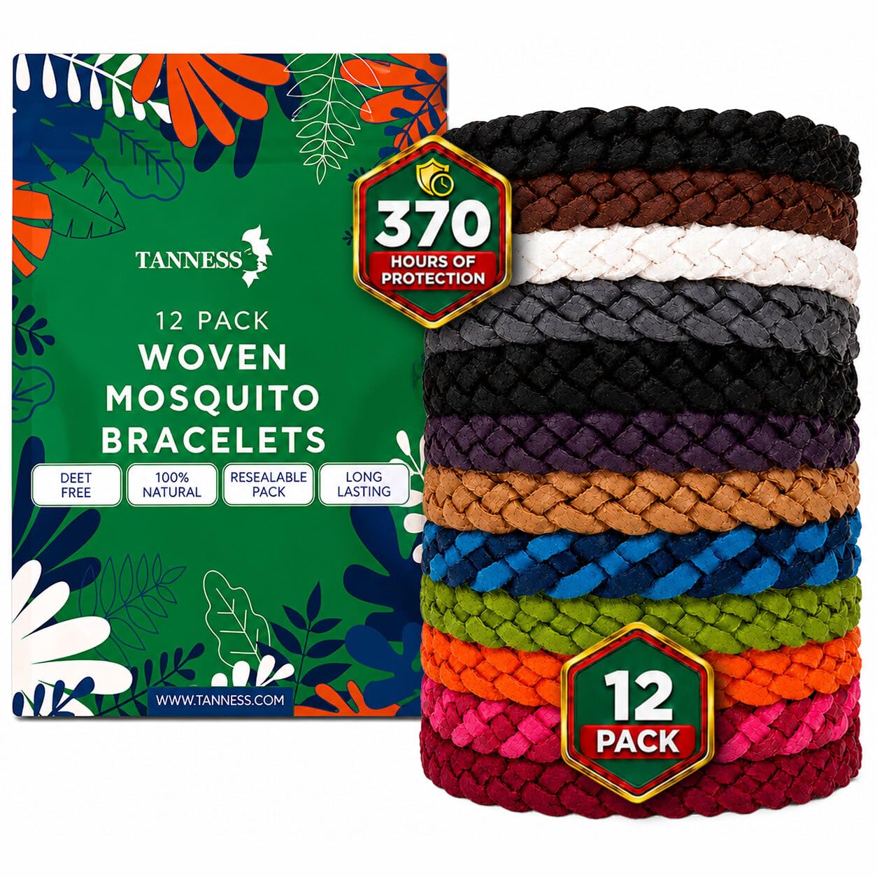 Tanness 12 Pack Mosquito Repellent Bracelet - 370 Hours Protection Bands