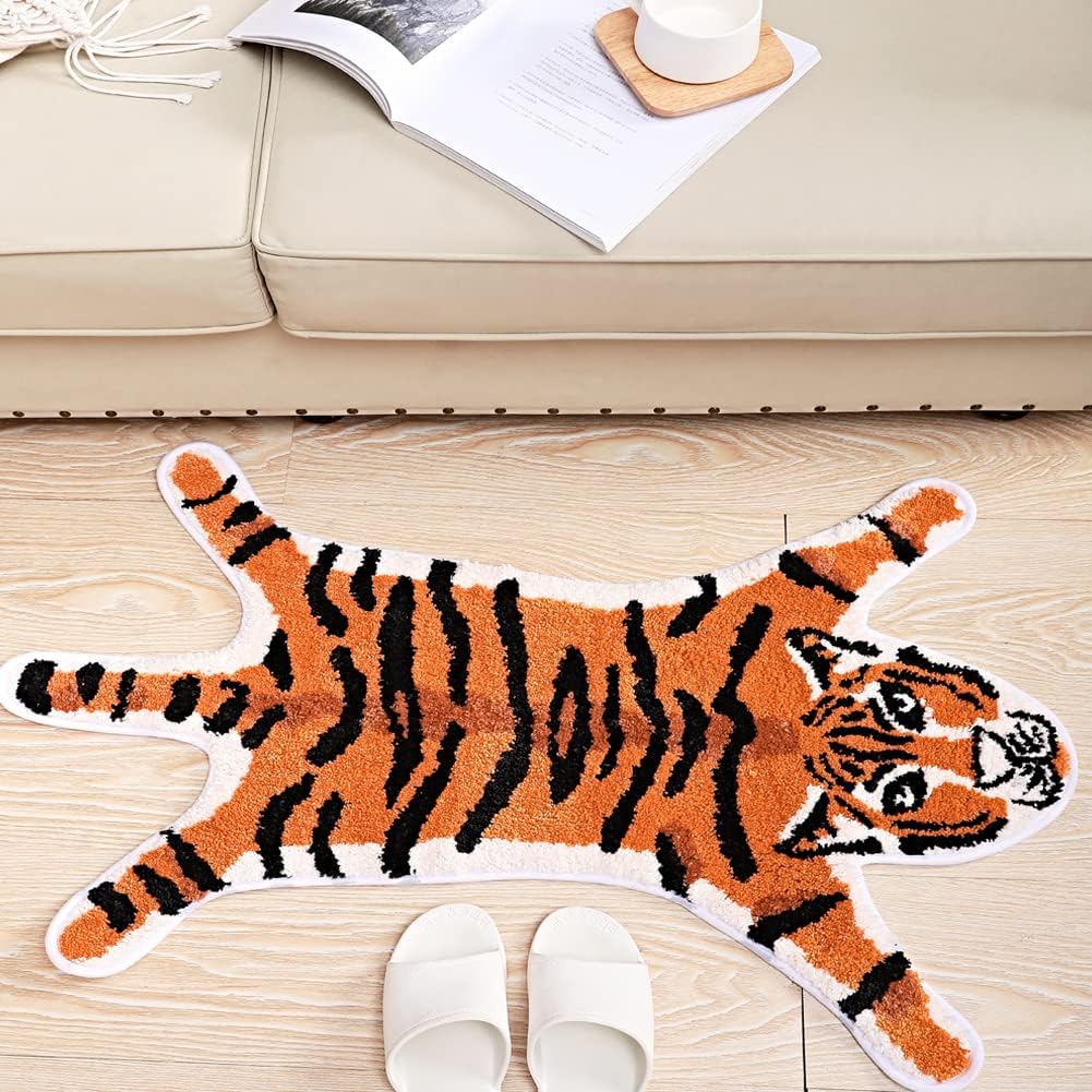 Tiger Shaped Bath Mat for Bathroom Non Slip Bath Room Door Mat Area Rug Playroom Bedroom Rugs and Mats Floor Playmat Absorption Shower Rug Carpet (Orange，22x34 inch)
