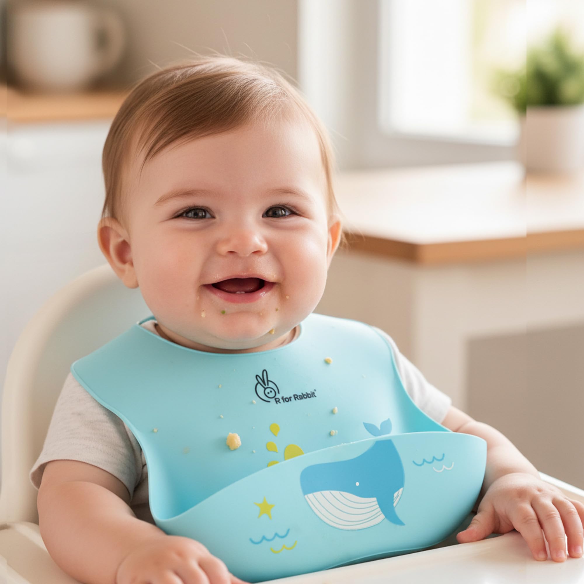 R for Rabbit Safari Silicone Bib for Baby Food Feeding BPA Free, Baby Apron Adjustable Straps With Food Pocket, Mess Free, Waterproof, Washable & Reusable Ideal for Babies 6 to 36 Months (Lake Blue)