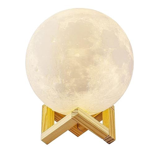 5.9 Inch LED Moon Night Light 15cm 3D Moon Lamp Dimmable Touch&Tap Operated 3 Colour LED Lunar Moon Light LED Lamp USB Charge with Wooden Stand&Strap for Kids Room Decor Wall Light Gift