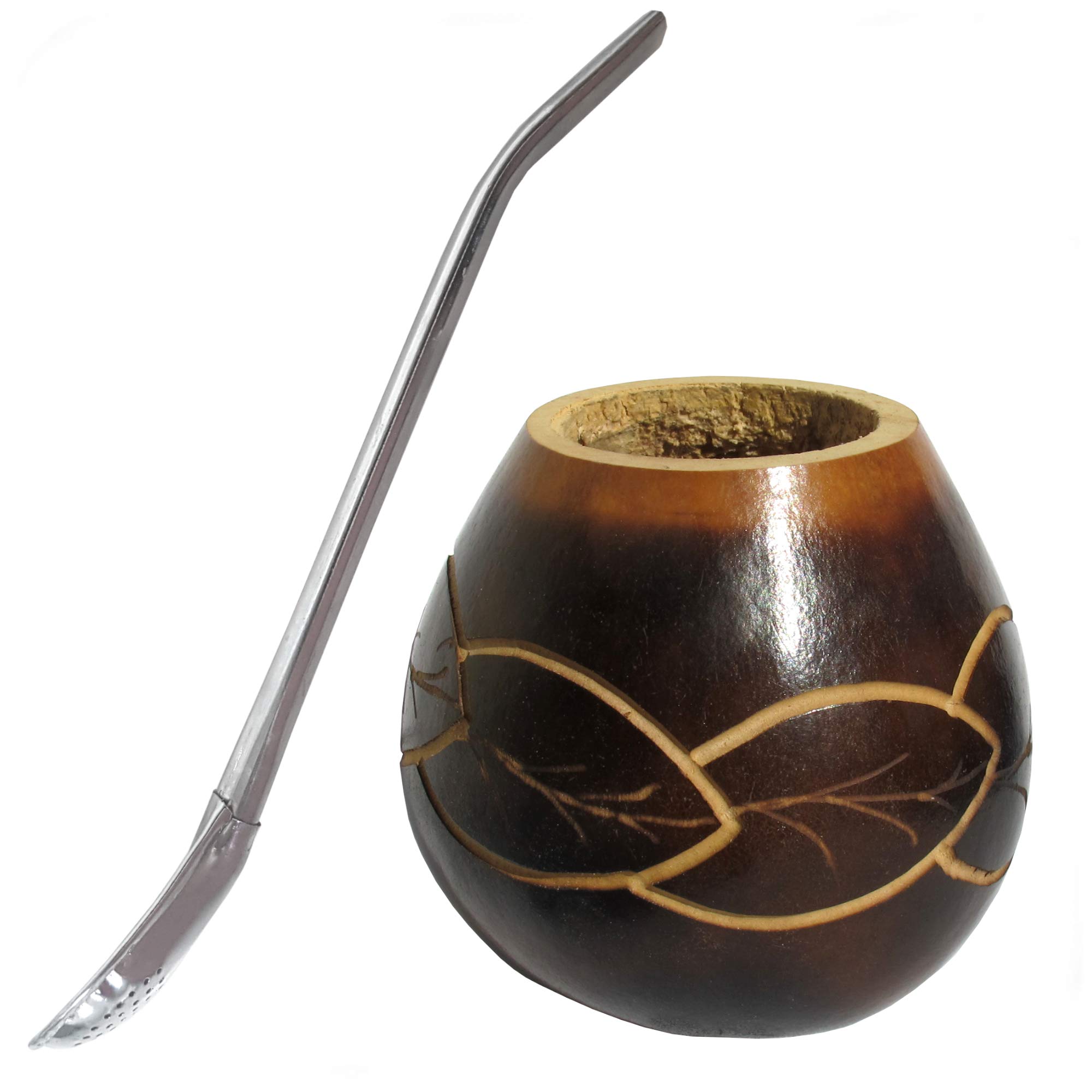 Gaucho Bruno Tazza per Mate di Zucca con Incisione Foglie Intrecciate con Bombilla