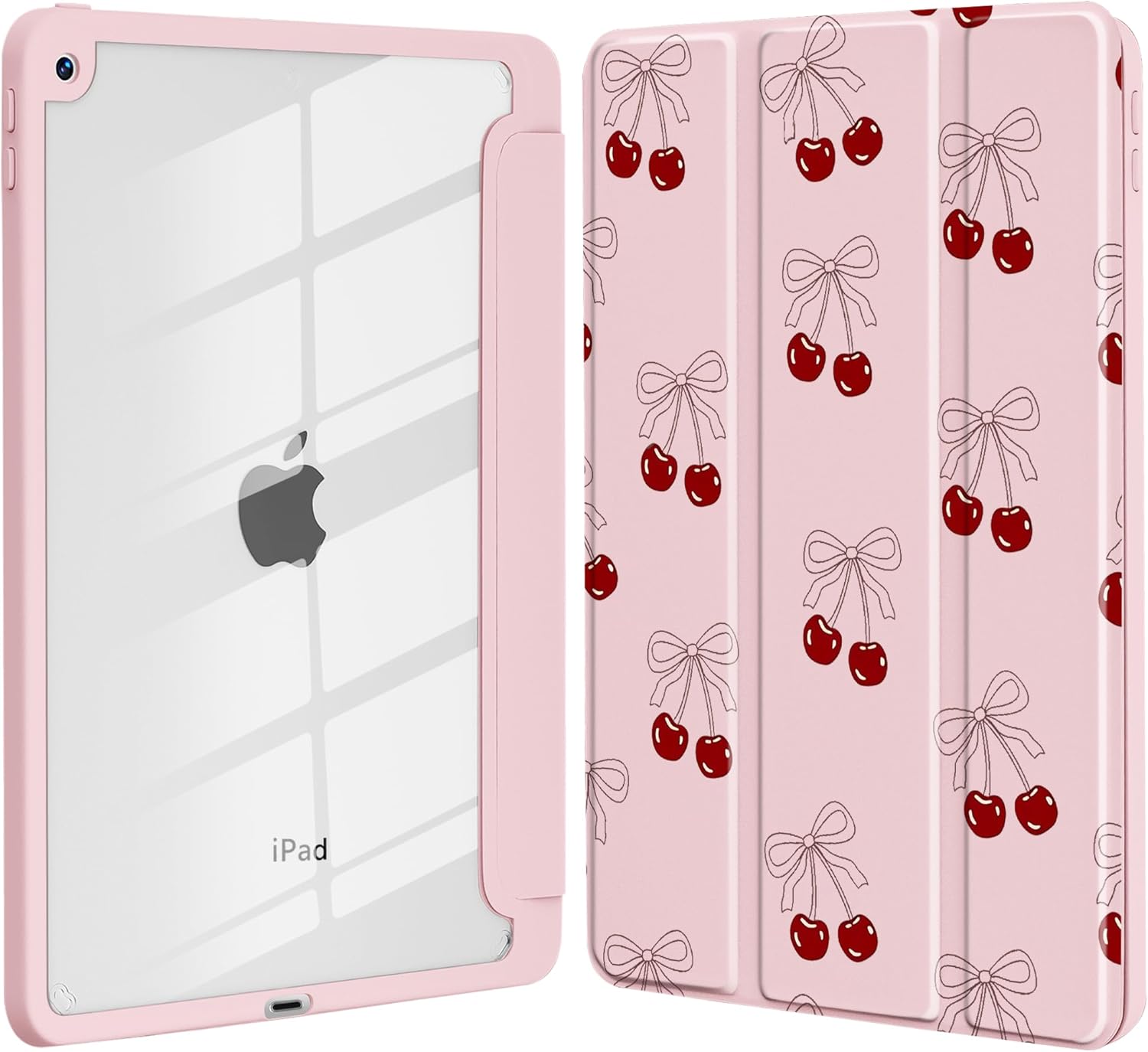 Idocolors Case for iPad Pro(2024) 13 ", Clear Hard Back Cover with Pencil Holder, Tri-fold Stand Full Wrap Protective Case for Women Girls, Cherries/Pink