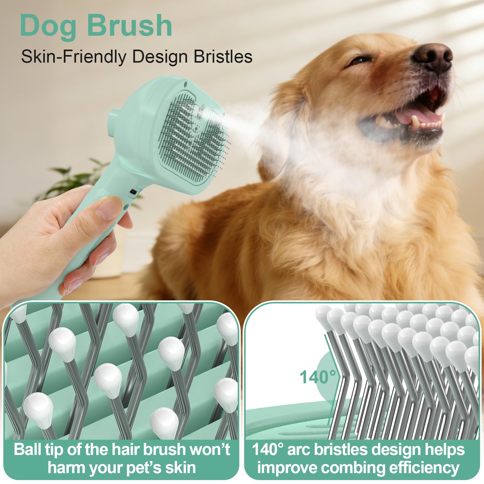 Cepillo para perros y gatos, cepillo de vapor para mascotas, cepillo de vapor para perros y gatos, peine antiestático de pelo largo y corto, herramienta de peluquería para mascotas, verde