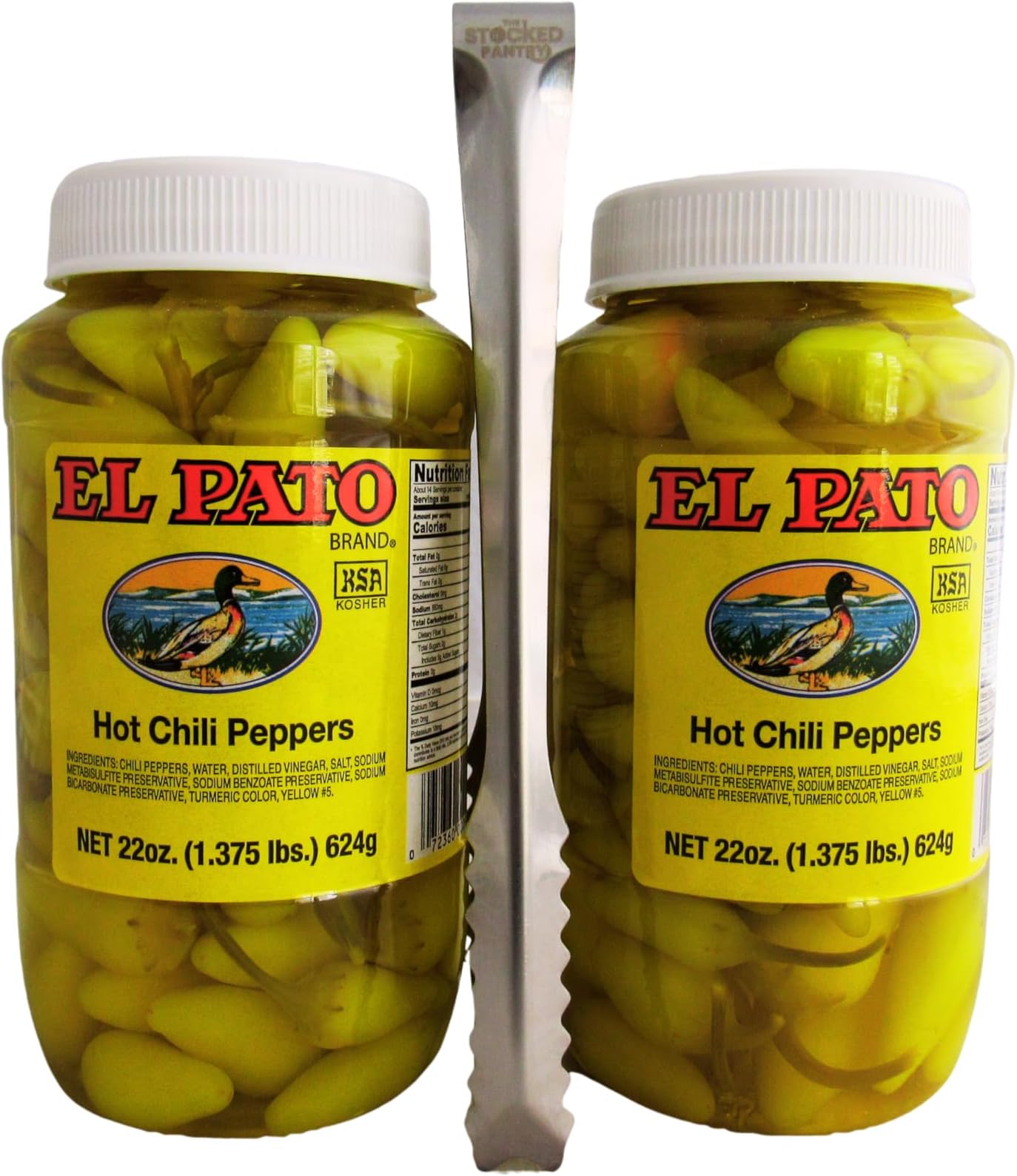 El Pato Hot Chili Peppers, 22oz, (Pack of 2) Bundle with 7in Stainless Steel