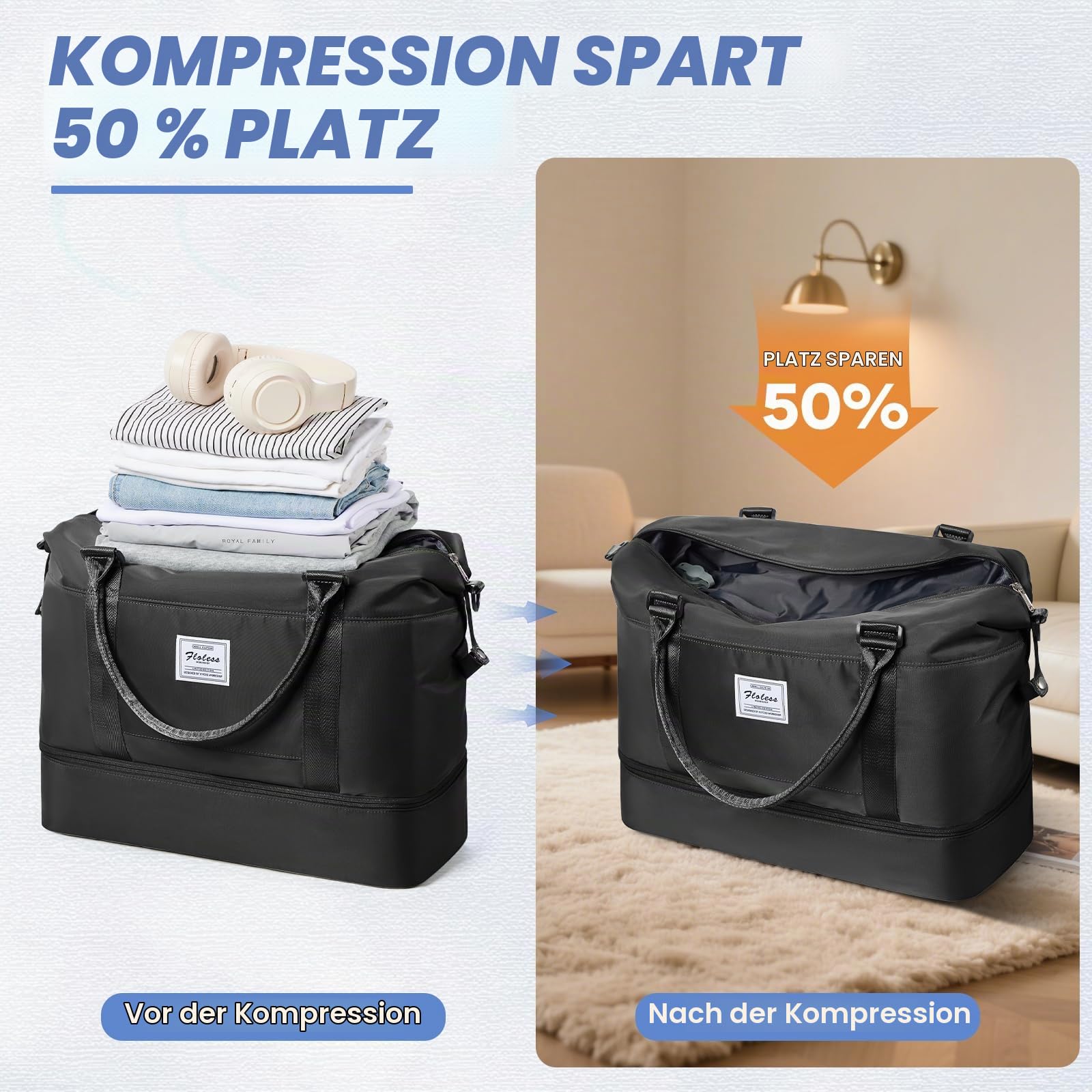 Vakuum Reisetasche Damen Handgepäck Tasche Sporttasche Weekender Bag Schwimmtasche Wasserdicht Travel Bag Duffle Bag Wickeltasche Trainingstasche Krankenhaustasche mit Schuhfach,Y1-Schwarz