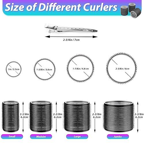 Miniatura 4 de Juego de rizadores de pelo con 24 rodillos (6 jumbo, 6 grandes, 6 medianos, 6 pequeños) y 24 clips para todas las longitudes de cabello (negro)