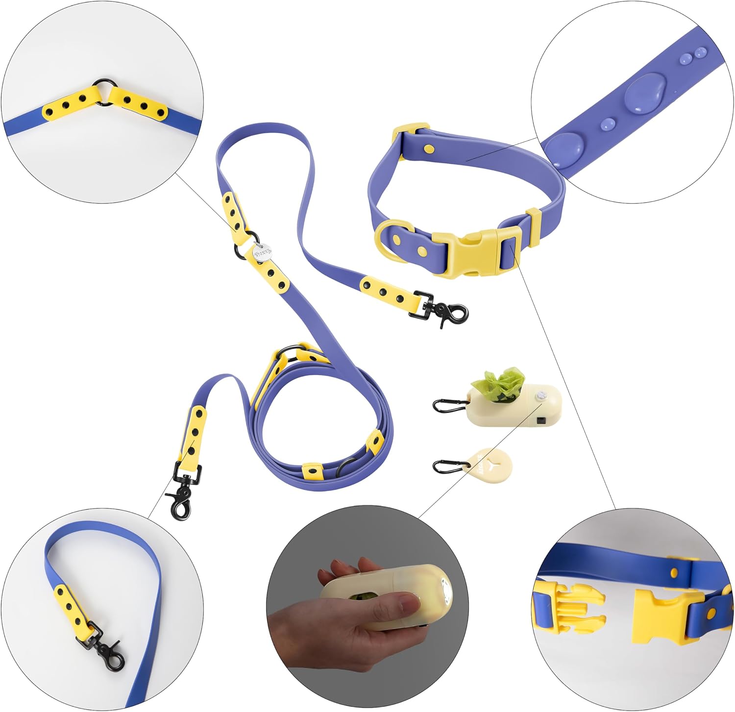 WLK1006C-5SET Luna Large 8FT Adjustable 6-in-1 Waterproof Hands-Free Leash and Collar with LED Flashlight, Bag Dispenser, and Poop Bag Holder, Curaçao