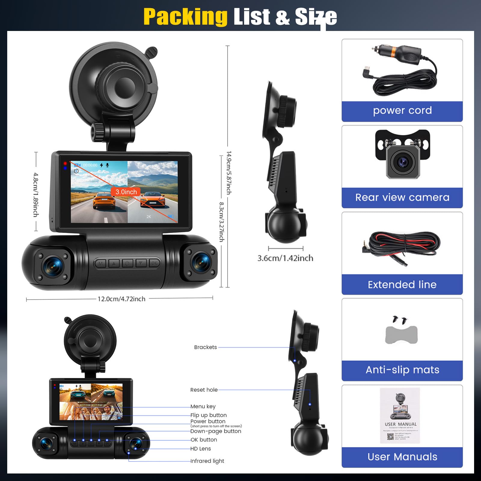 2K Dashcam Avant et Arrière avec APP WiFi, Dashcam Voiture avec Grand Angle 150°, Vision Nocturne, Surveillance du Stationnement, G-Sensor, Enregistrement en Boucle, APP, Aide au recul
