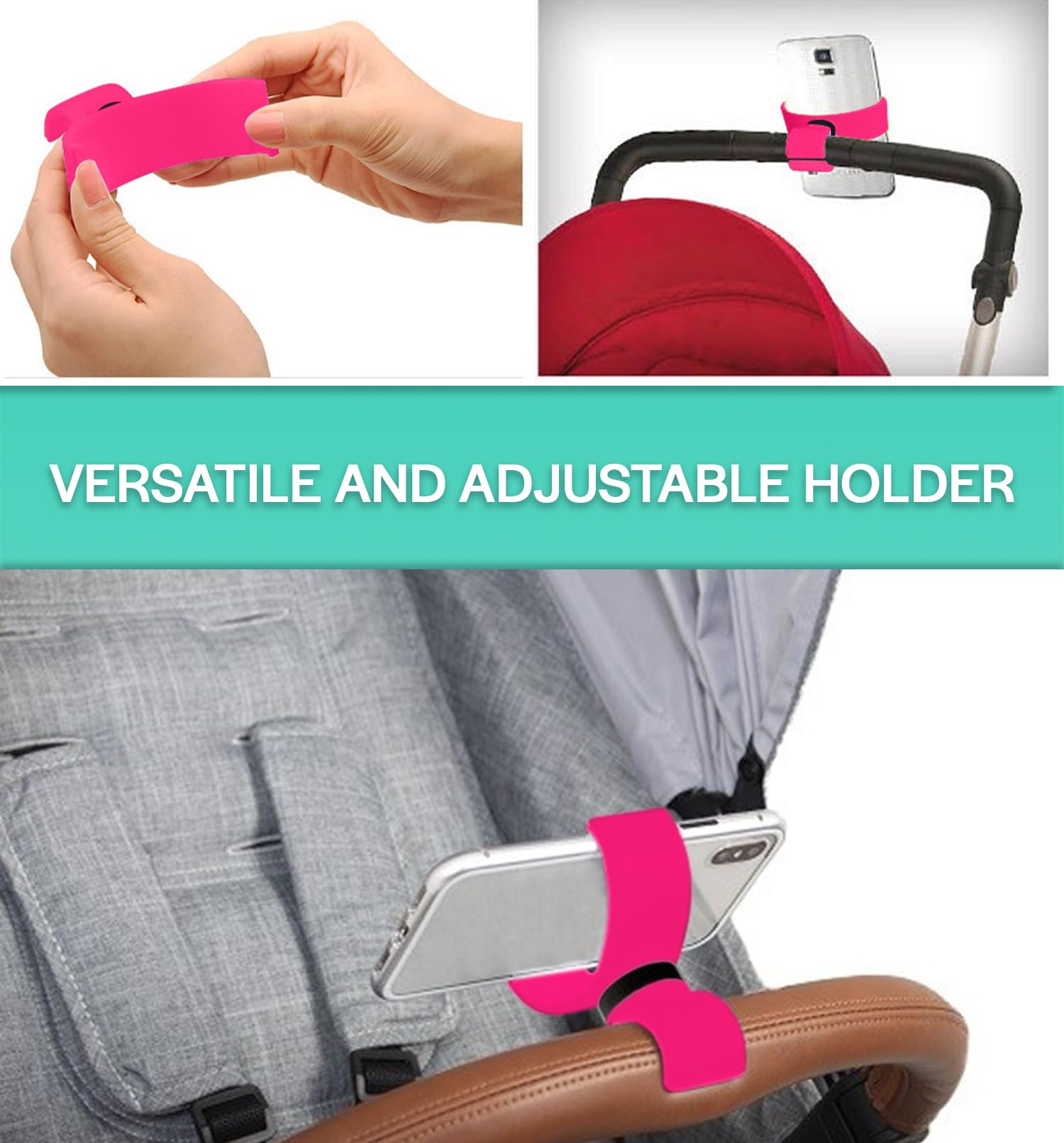 Porta telefono passeggino universale Adatto per telefoni cellulari con schermo fino a 7,5" facile da regolare Stabile e sicuro Design compatto e resistente (Fucsia)