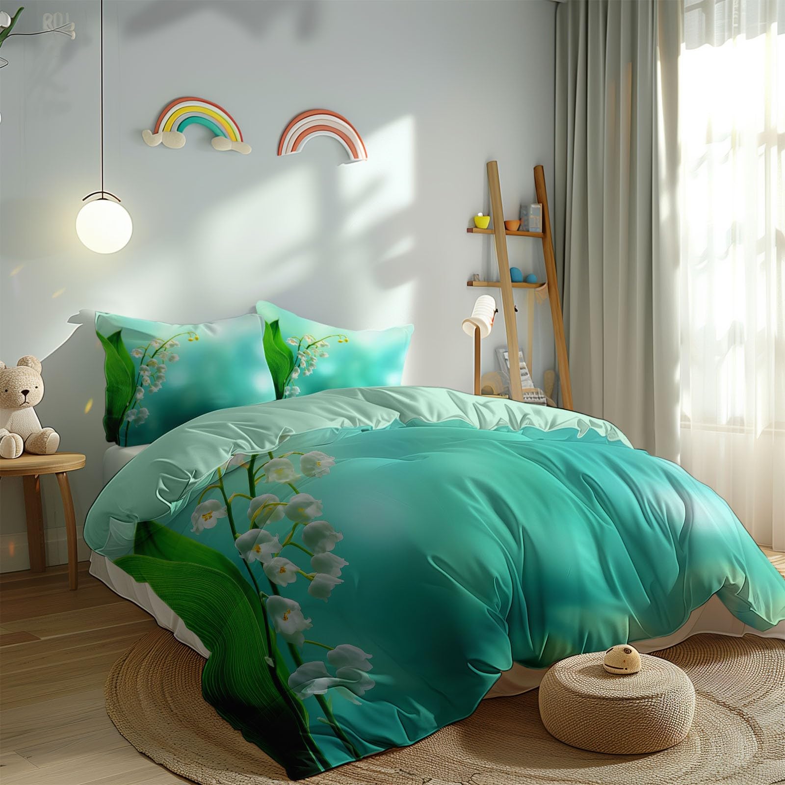 Juego de ropa de cama de 3 piezas, 220 x 240 cm, diseño de lirio de los valles, funda nórdica suave con cremallera y fundas de almohada