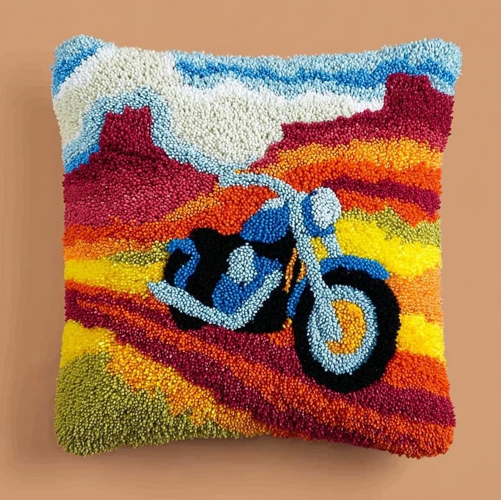 Henypt Latch Hook Craft Kit 17x17 Inch,Retro Motorcycles Complete Embroidery Cushion Kit,Creative Craft Stress Relief Handmade Gift for Beginners