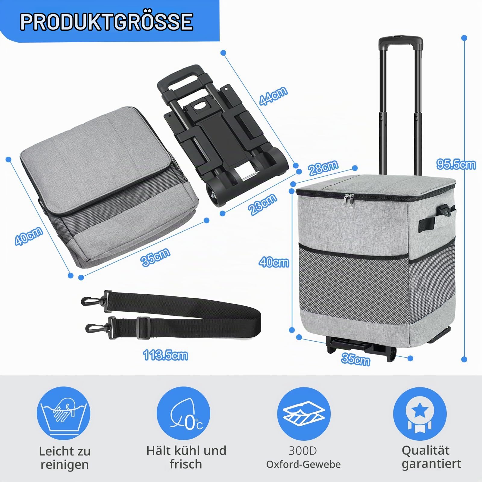 ZHJINGYU Kühlbox mit Rollen mit Picknicktasche & Kühltasche groß - 40L Kühlbox Faltbar mit Räder | bis zu 20h Kühldauer für Picknick Camping Strand BBQ | Großer Kühlwagen für 60 Dosen mit verstellbaren Rädern, tragbare Thermotasche für Reisen, Strand, Cam