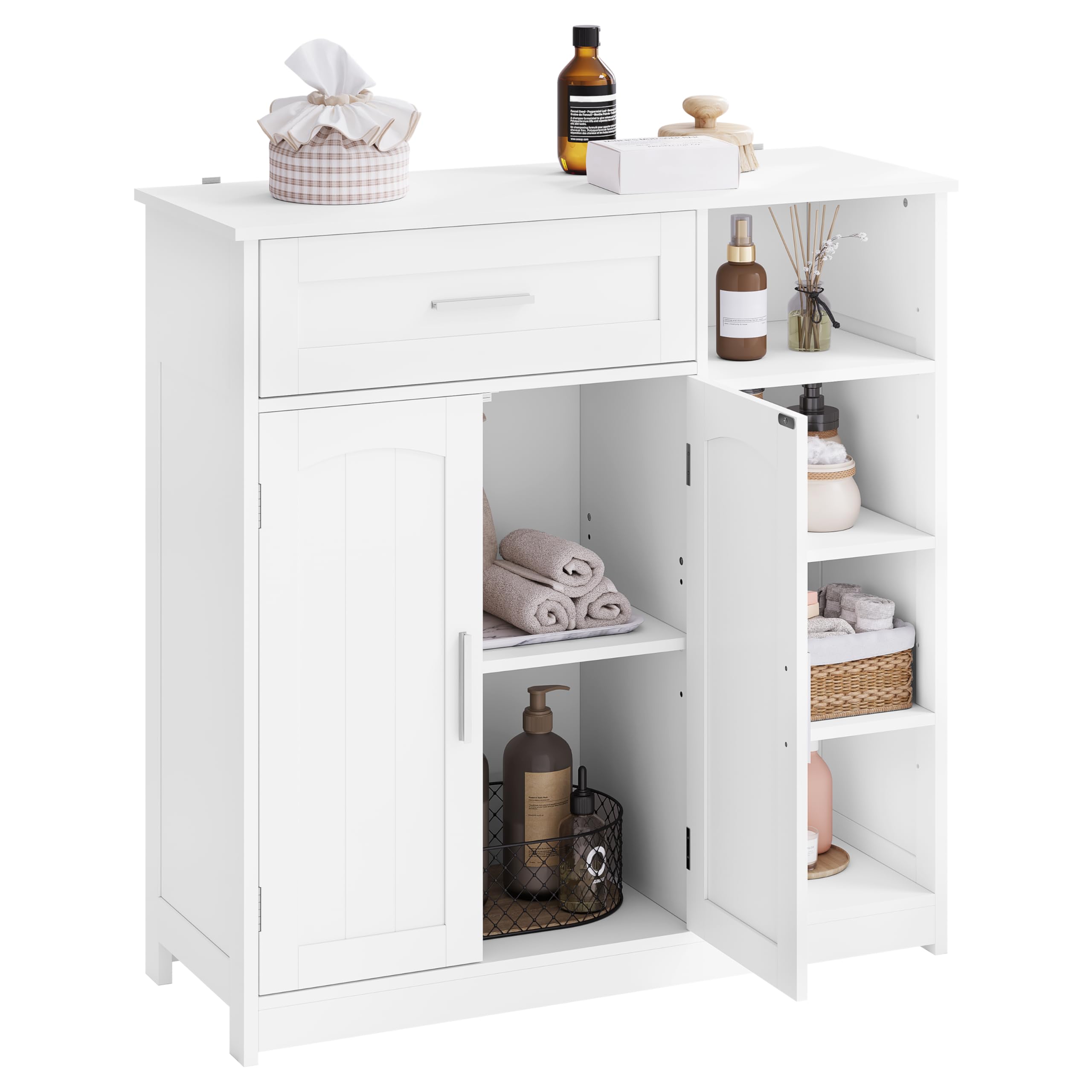EUGAD Badezimmerschrank, Badschrank schmal, Aufbewahrungsschrank mit 1 Schublade, 2 Türen, verstellbaren Ablagen, Bad Schrank stehend, Kommode Badezimmer, 80x80,5x30 cm, Weiß