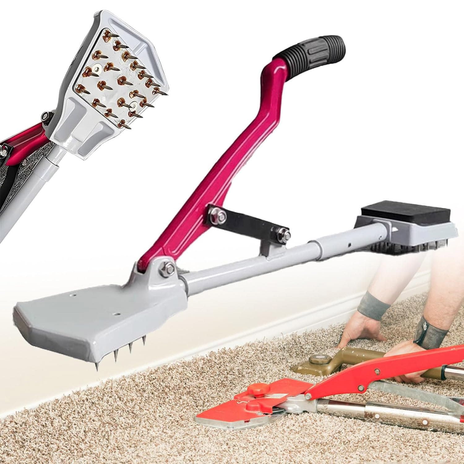 Outil pour Tapis sans Genou, Tendeur De Tapis sans Genou, Kit D'outils Ergonomique pour Tendeur De Tapis, Kit D'outils D'installation De Tapis avec Poignée Télescopique Et Base Rembourrée