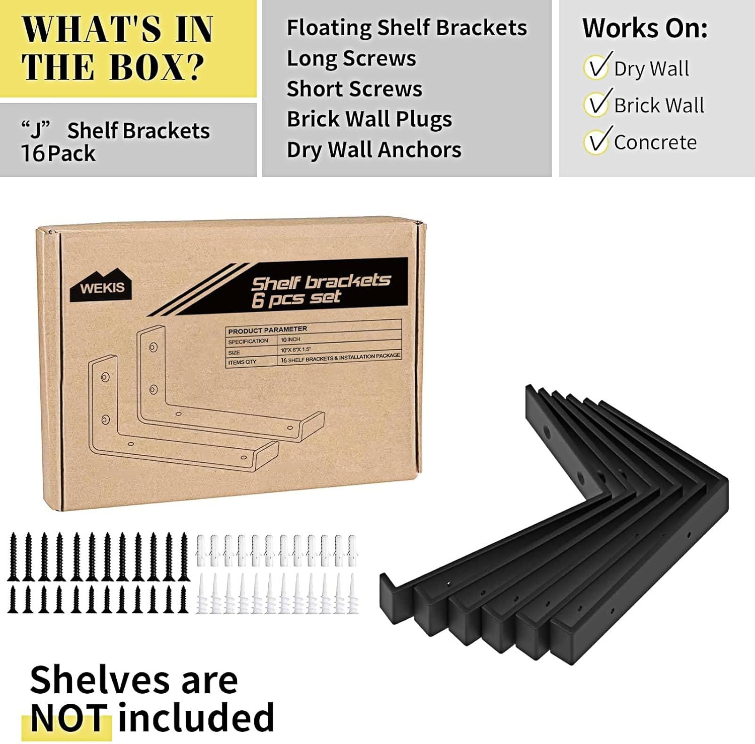 Shelf Bracket, Heavy Duty Floating Shelf Brackets 10-Inch Long, 16-Pack Brackets for Shelves, Black Coated J Shape Metal Wall Shelf Support Brackets with 1/5-Inch Thick and 160 lb. Load Capacity