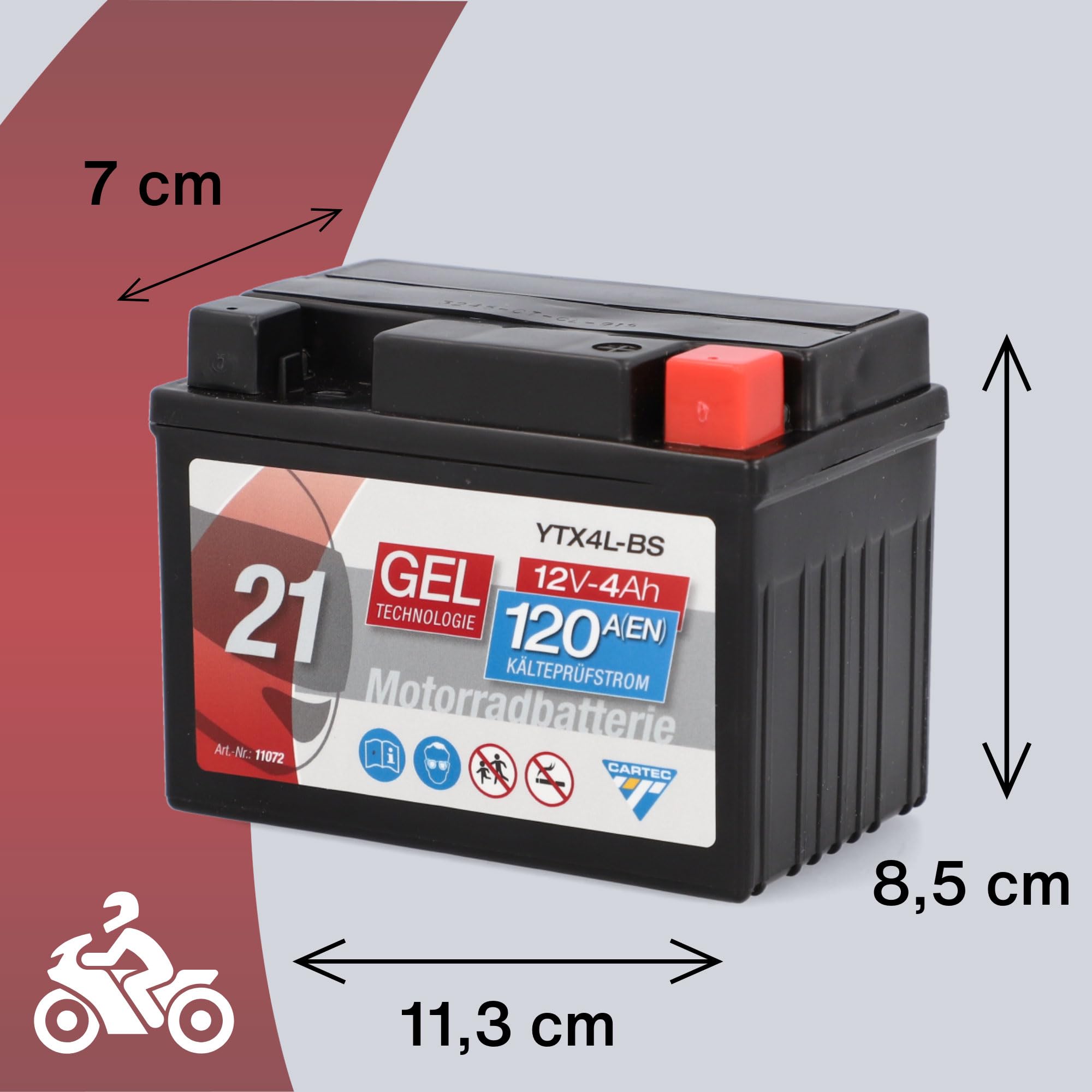 CARTEC Batterie Moto YTX4L-BS, 4Ah, 70A, Technologie Gel Batterie de Démarrage Moto, Qualité D'Origine, Résistante au Cyclage, Stockable, sans Entretien, Petite