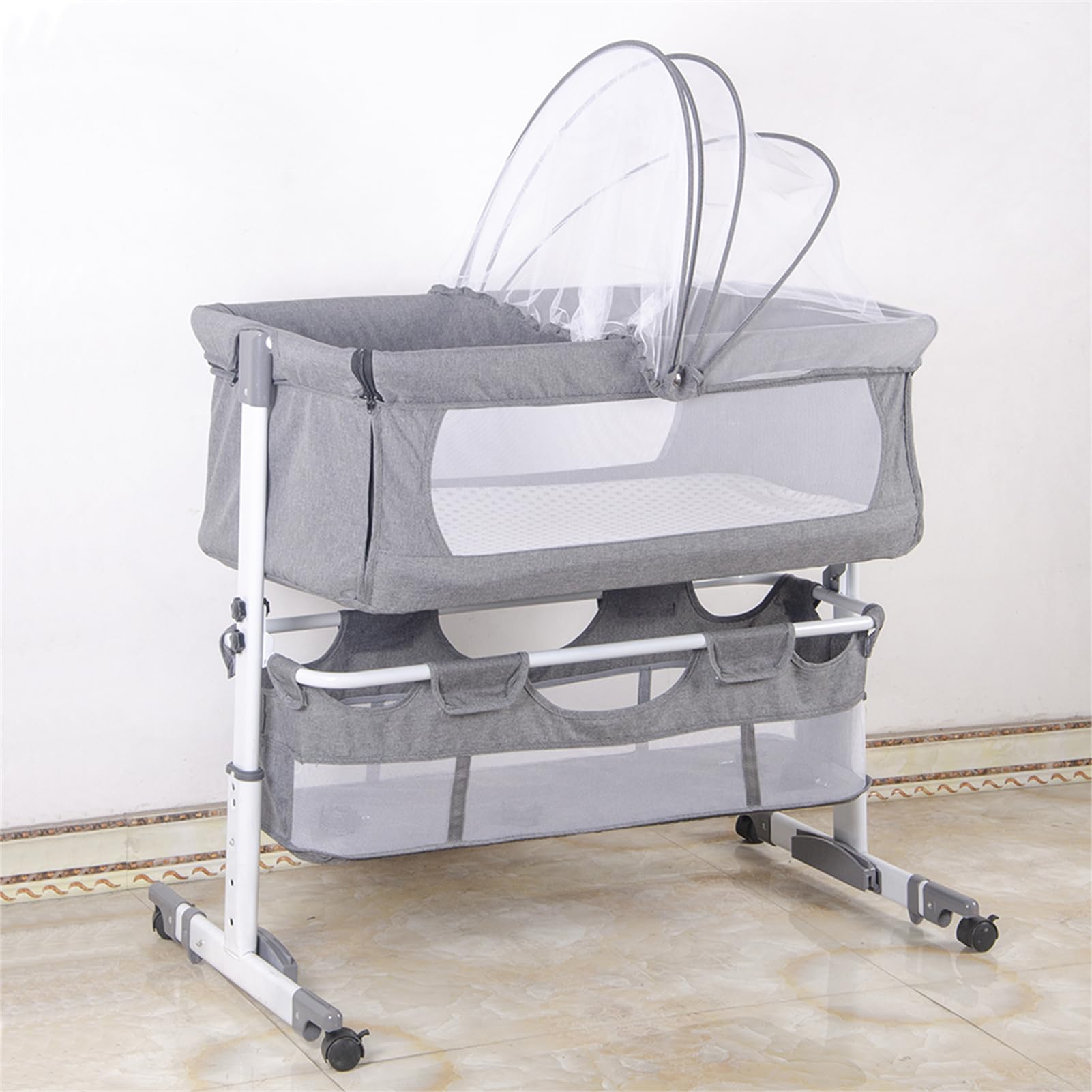homewell Beistellbett Baby, 2 in 1 Babybett und Babywiege, Kinderbett mit Rollen, Moskitonetz, Lagerungstasche und Matratze, Höhenverstellbar Struktur aus Aluminiumlegierung (Stil 1, Grau)
