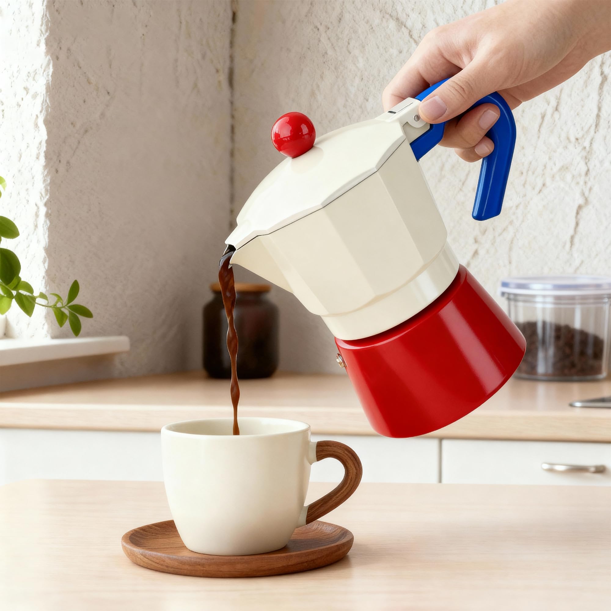 ShanSon Moka Pot - Cafetera italiana de 3 tazas de 5 onzas, cafetera italiana manual de percolador de café cubano, cafetera italiana espresso Greca para capuchino o café con leche, rojo/blanco
