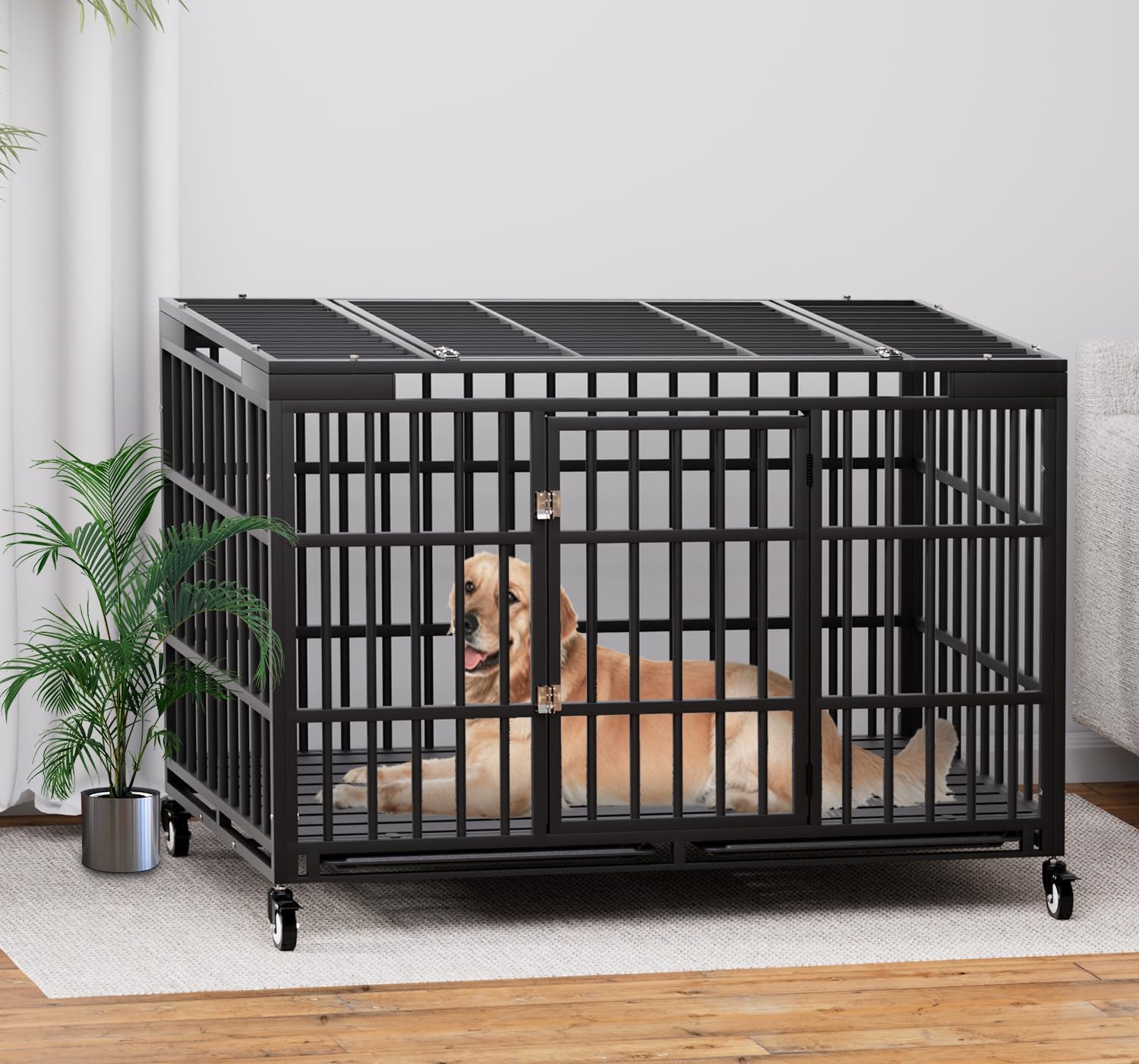 54 Inch Heavy Duty Dog Crate with Wheels,Indestructible Escape-Proof Dog Kennel with Locking Latch and Double Door,Extra Large XL XXL Crate Indoor for Large and Medium Dog with Removable Tray