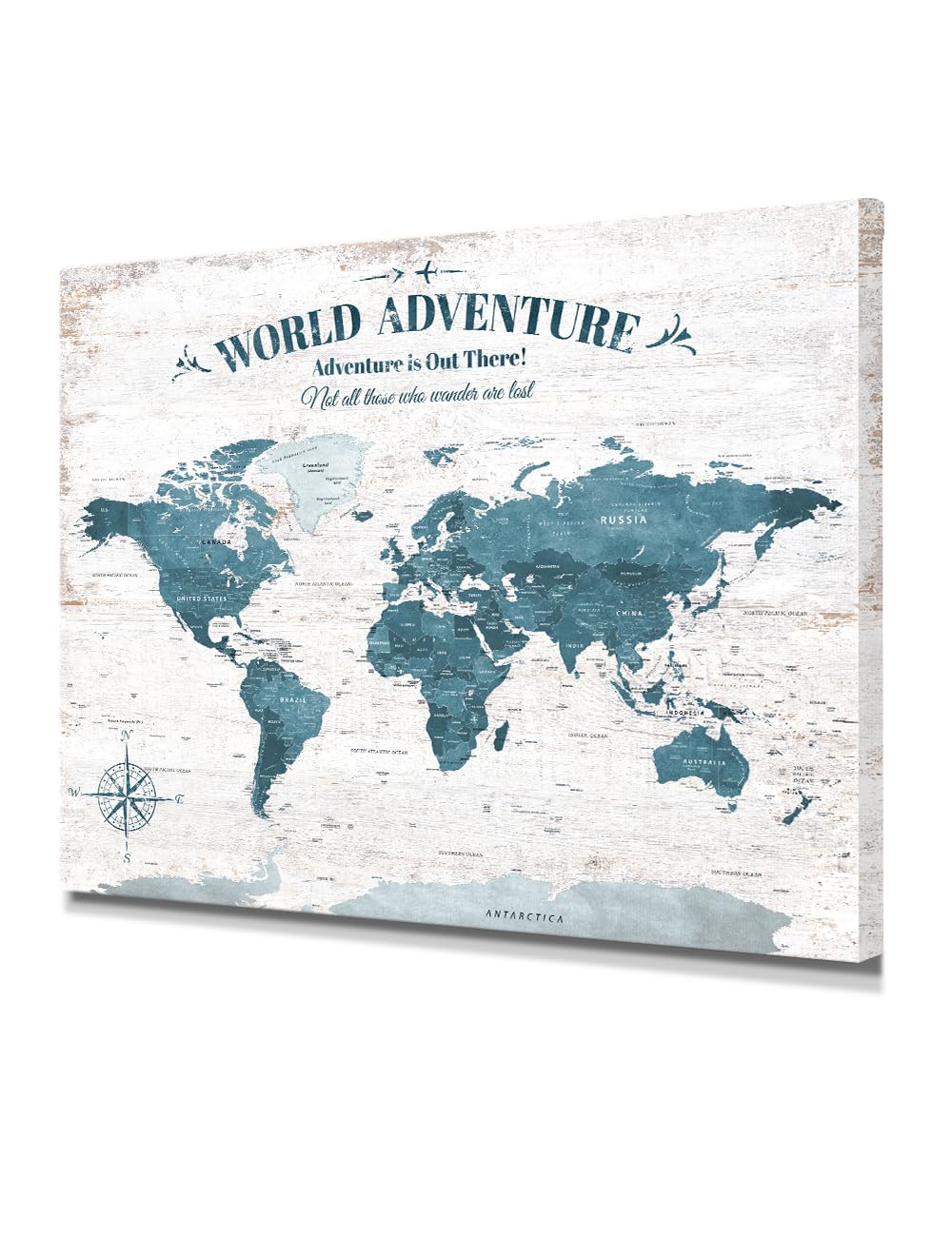 IPIC Vintage Teal World Maps for Wall, World Map Canvas, Size 30x24 in