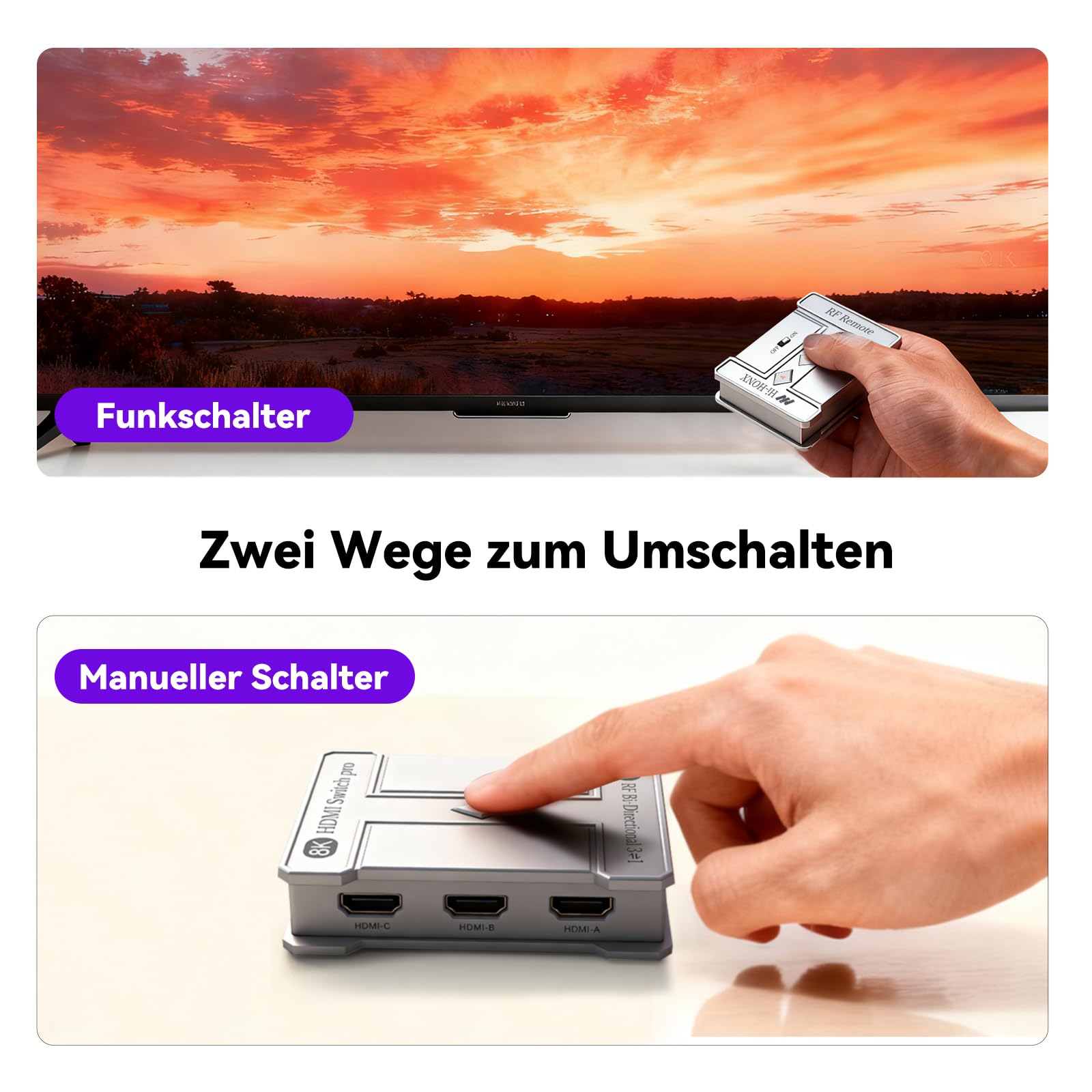 8K HDMI 2.1 Switch mit 5Ft HDMI Kabel, 8K@60Hz Aluminium HDMI Switch 3 in 1 Out, HDMI Splitter 1 in 3 Out Unterstützt 3D, HDCP2.2, HDR10, 18 Gbit/s für Fire Stick, PS5, Xbox, DVD, Blu-Ray | 8K@60Hz, HDCP, HDR+, Dolby Atmos, Fernbedienung, 3-in-1 Out & 1-i