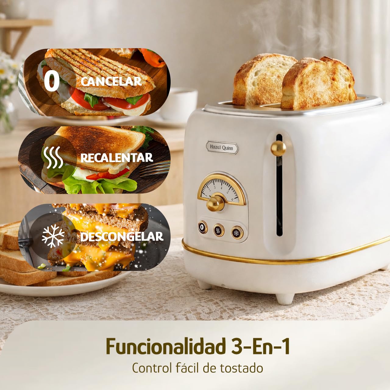 Hazel Quinn Tostadora Retro de 2 Rebanadas con Bandeja de Migas Desmontable, Ranuras Anchas de 3,8 cm, 6 Niveles de Tostado, Funciones Cancelar/Descongelar/Recalentar, Estilo Vintage, Blanco Perla