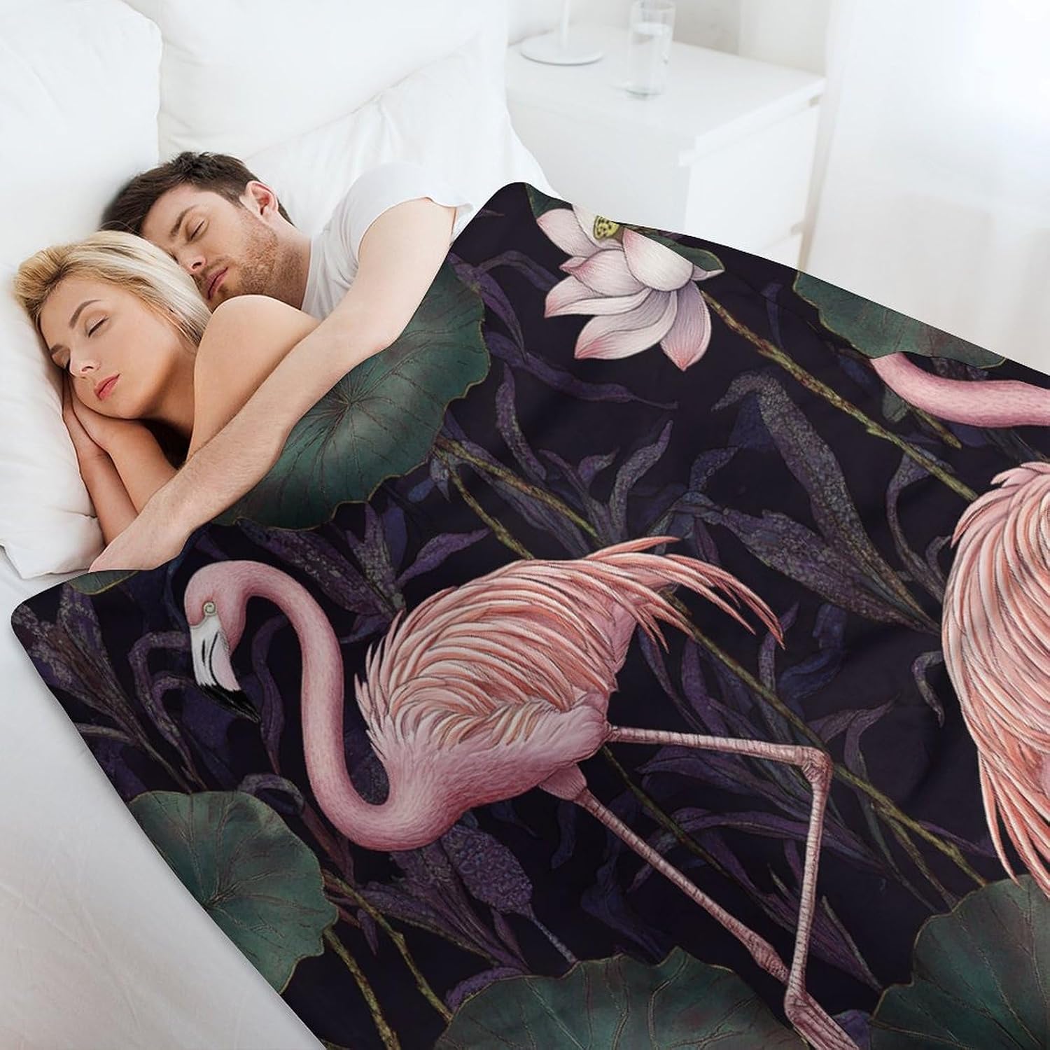 Flamingo Bird Theme Blanket, Soft Fuzzy Flannel Rustic Lotus Floral Leaves Throw Blanket for Sofa Couch Bed, Picnic, 50x70 Inch