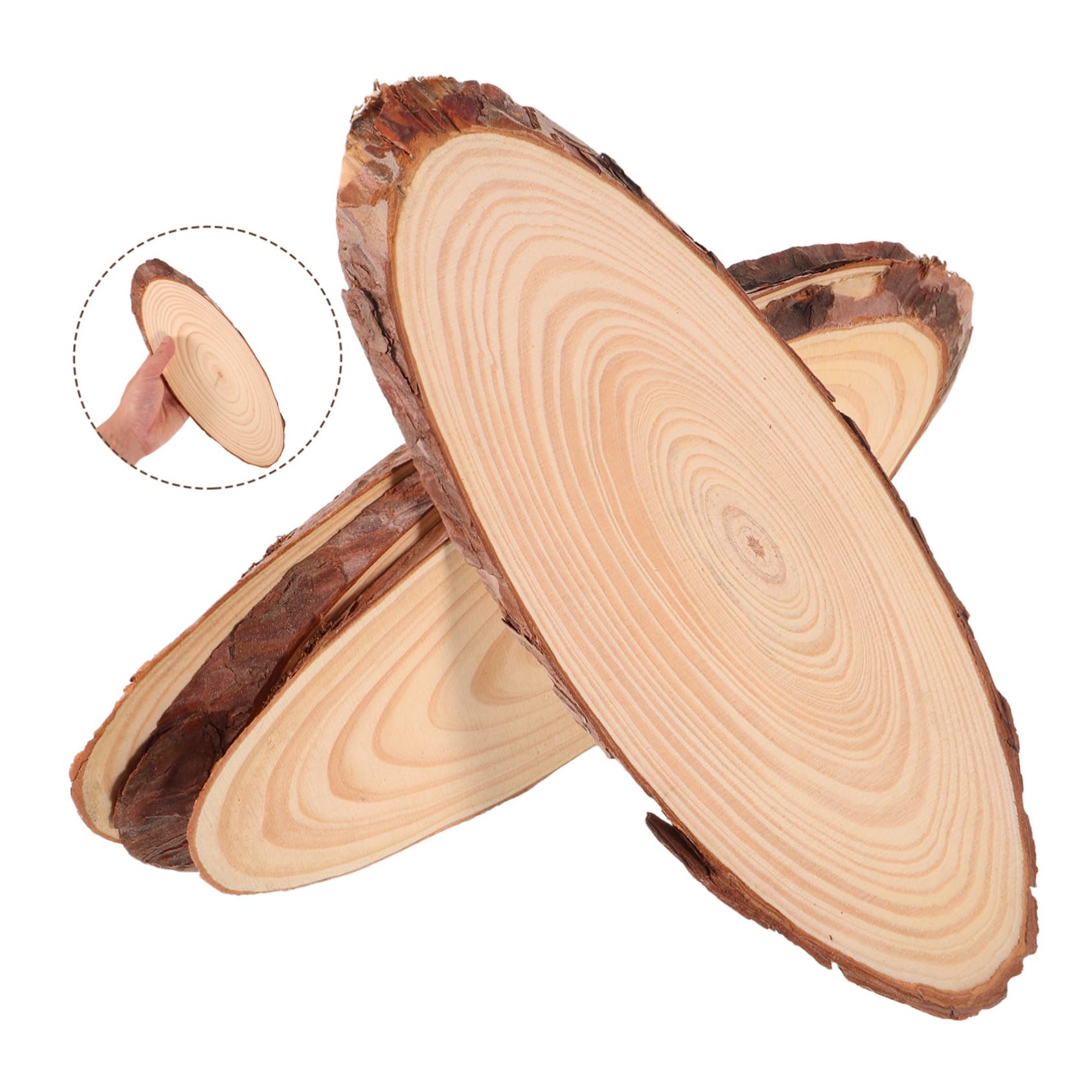 WOONEKY 4 Stücke Ovale Naturholzscheiben mit Rinde Robuste Unbehandelte Holzstücke für Brennkunst DIY Deko Rustikale Hochzeitstafeln Tischuntersetzer Kreative Bastelholzplatten
