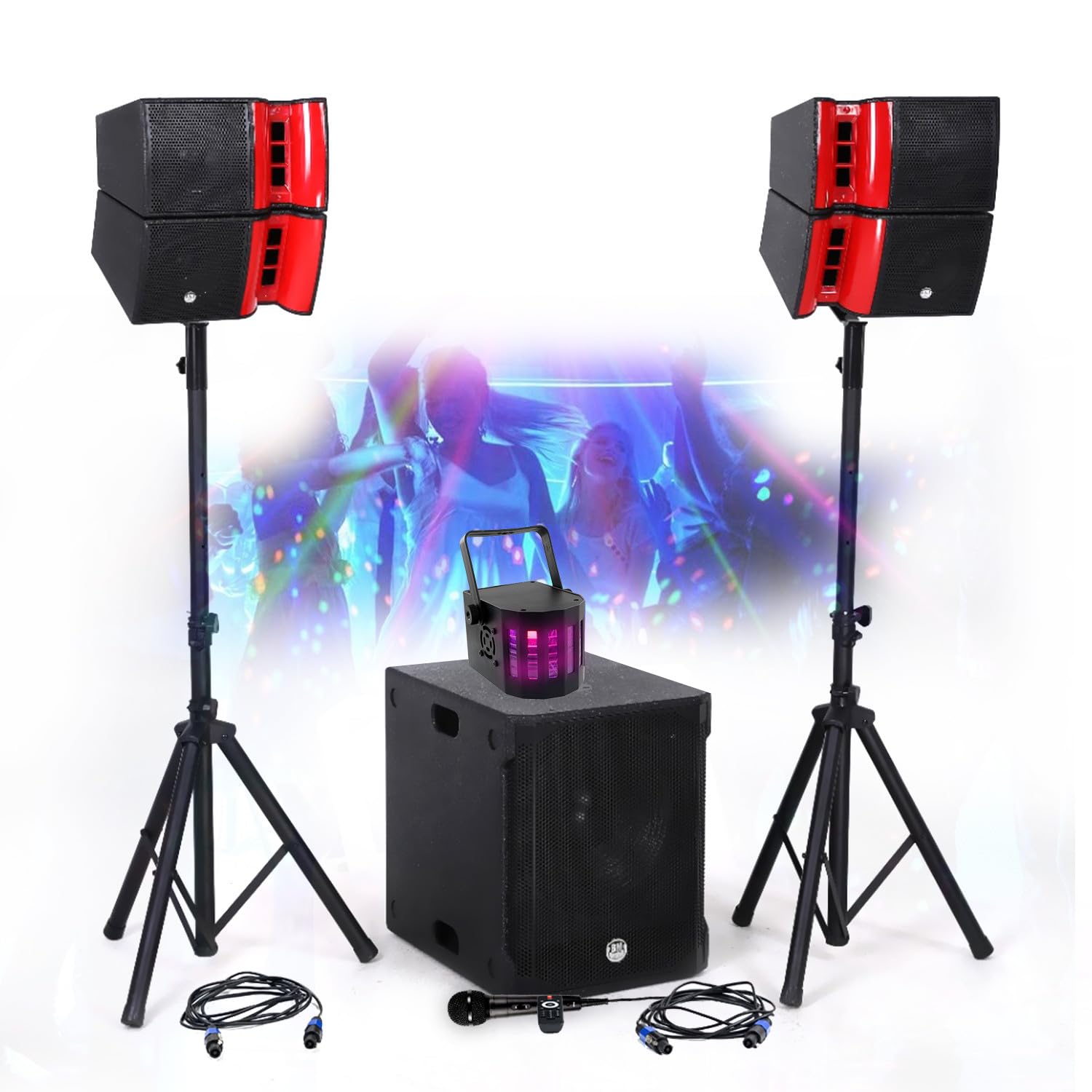 Sono Complete 1200W BM Bmsonic BMS15-HORN, Enceintes Satellites, SUB 38cm USB/Bluetooth, Supports Câbles, Light Sun