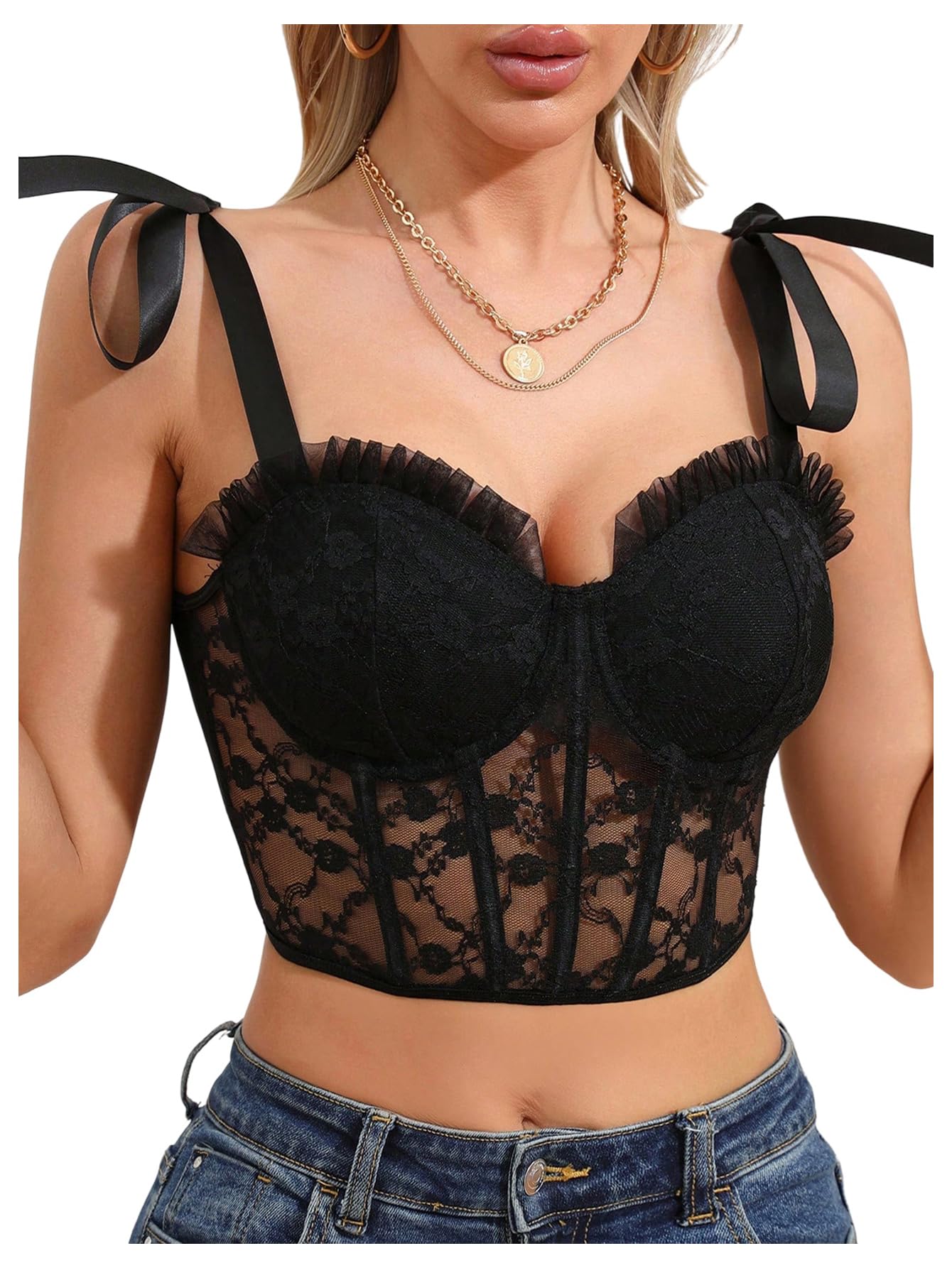MakeMeChic Womens Floral Lace Tie Shoulder Shapewear Corset Top Sheer Sleeveless Crop Tops