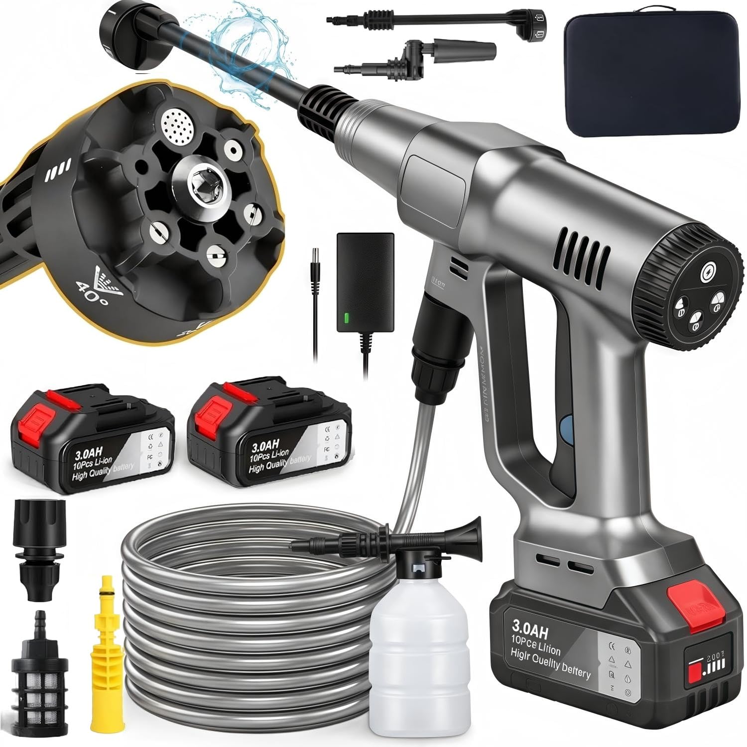 Hidrolimpiadora de Batería 100Bar, Hidrolimpiadora de Alta Presion con 6,0Ah Bateria, Boquilla 6 en 1, 3 Niveles de Presión de 60/80/100 Bar, Limpiador a Presión Portátil para Coche y Jardín (Plata)