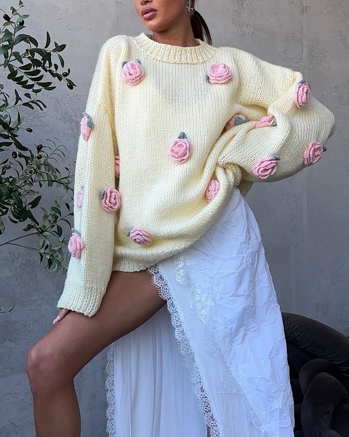 PDLCVD Womens Oversized Sweaters White Handmade Crochet Decal 3D Rose Fall Sweaters for Women Design Inspired Sweater