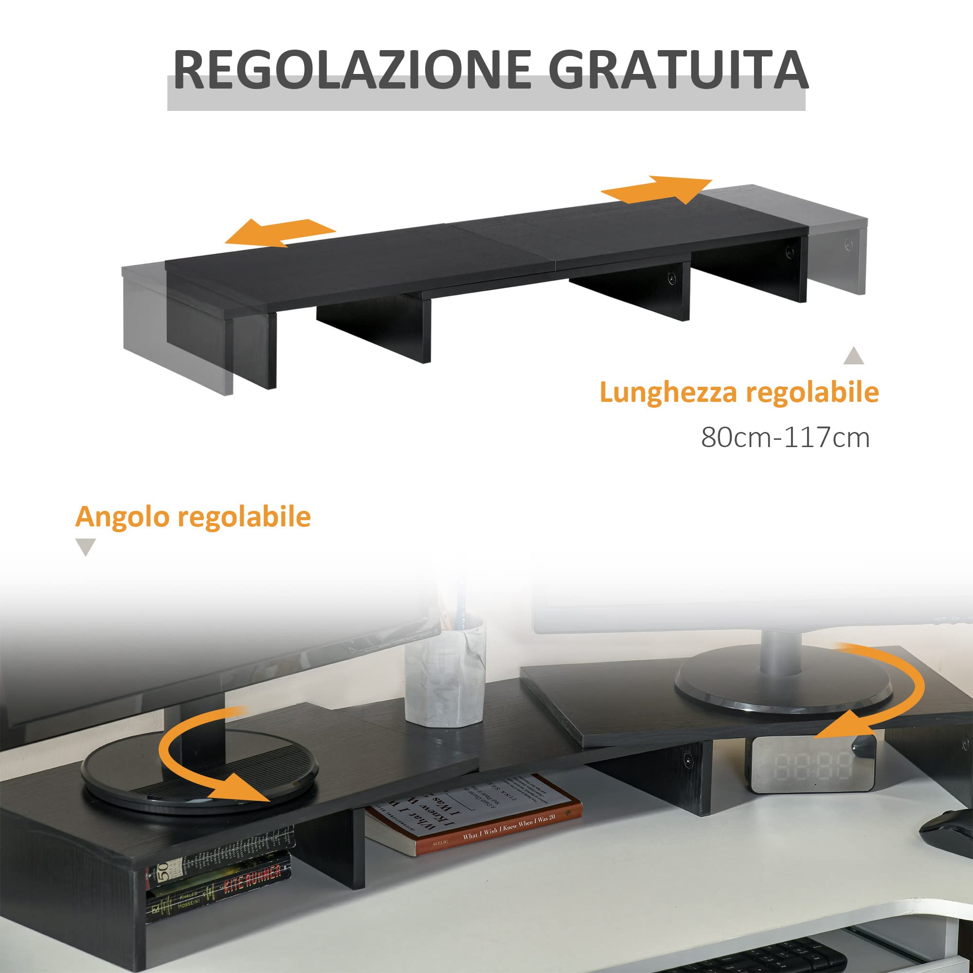 Vinsetto Soporte Elevador para Monitores de Madera Ajustable en Longitud y Ángulo para 2 Pantallas de Ordenador Portátil 80-117x23,5x10 cm Negro