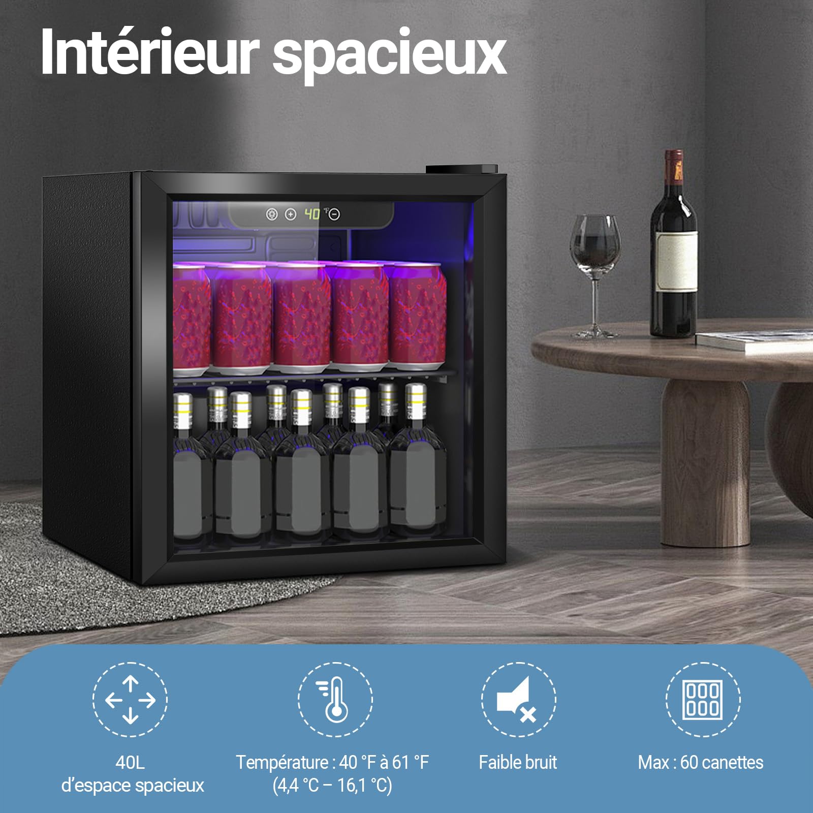 réfrigérateur à boissons, 40l/60 Canettes Mini-réfrigérateur avec porte transparente pour la limonade de bière ou de vin, plaque de travail réfrigérateur avec étagères amovibles réglables - 2