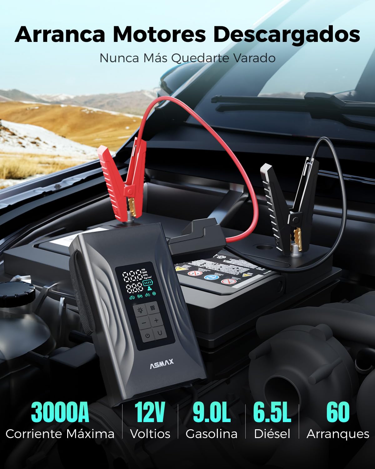 ASMAX T20 Arrancador de Baterias de Coche 4000A, Compresor de Aire 150PSI, Arrancador de Coche 12V para 9L de Gasolina o 8L de Diésel, Booster con Pantalla LCD Grande, para Coche/Moto