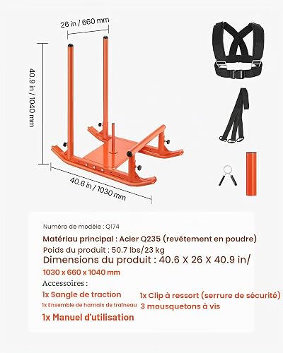 VEVOR Weight Sled, Steel Power Sled, Fitness Strength Training Sleds for Athletic Exercise Speed Improvement, Workout Fitness Equipment with Handle, Compatible with 25/51 mm Weight Plates, Orange - 7